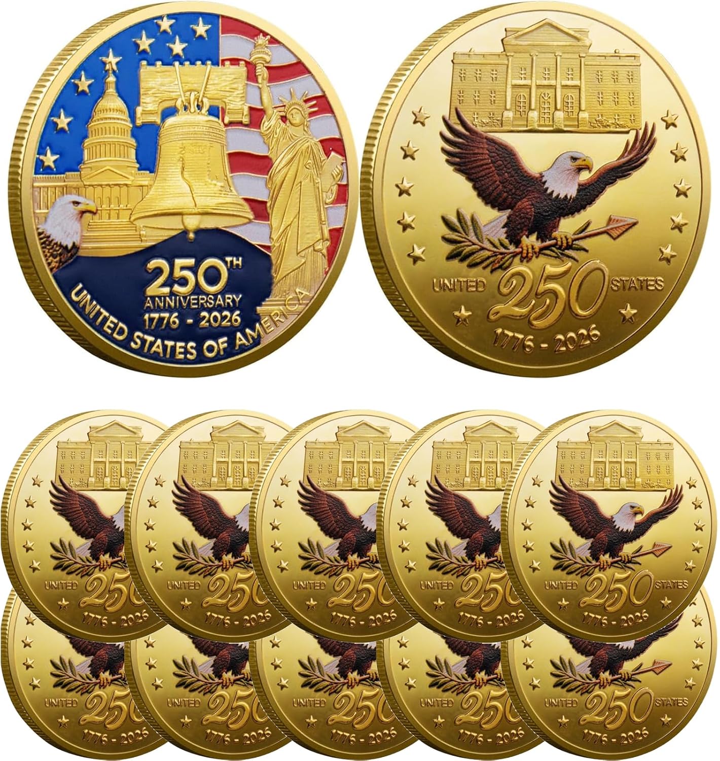 America 250th Anniversary Commemorative Coin, US 250th Anniversary Tribute Coin, US 250th Anniversary 1776–2026 Patriotic Coin, for Patriotism, History Lovers (B 10PCS)