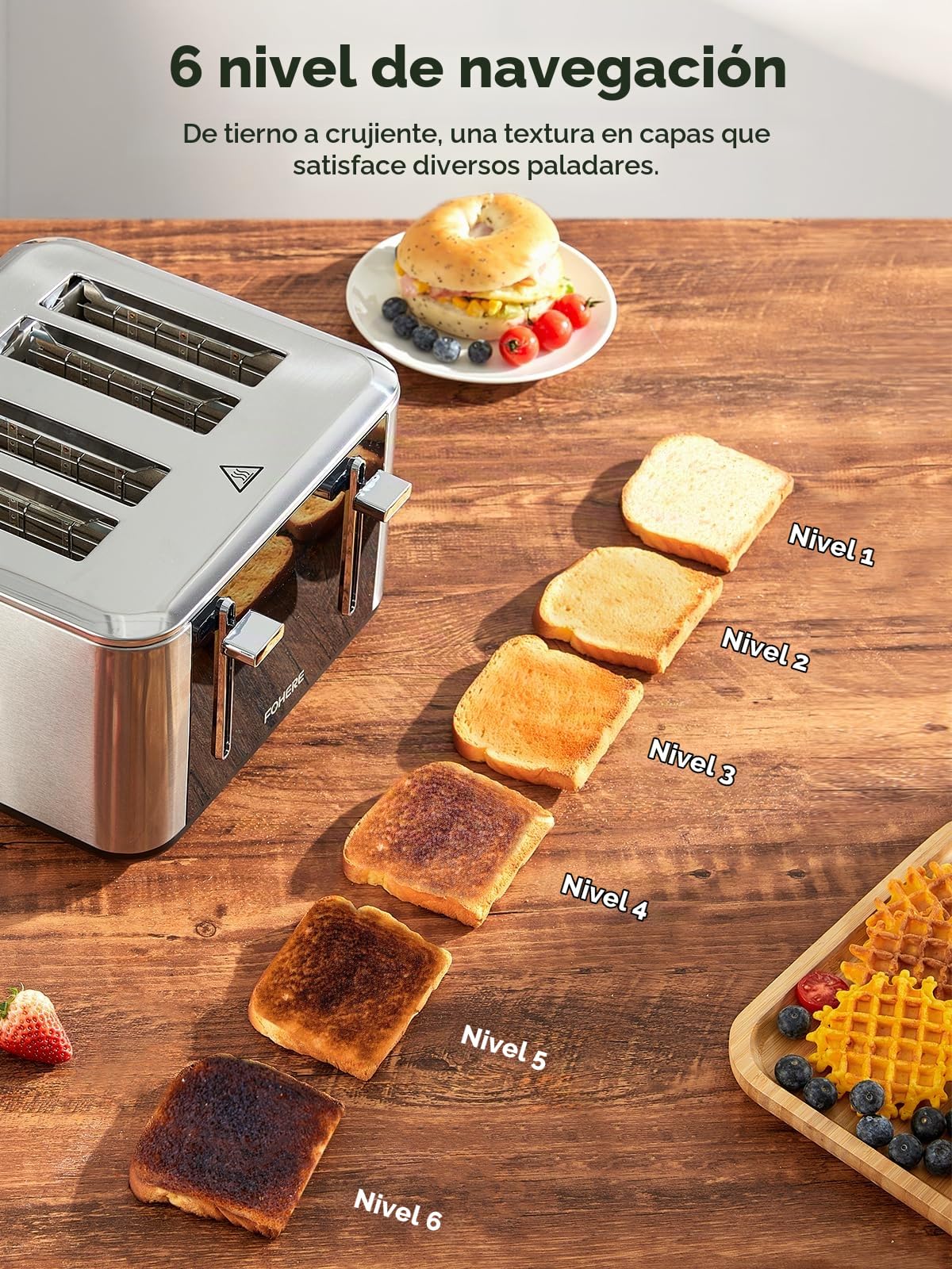 FOHERE Tostadora 4 Rebanadas, Pantalla Táctil LED, 6 Niveles Tostado | Función Recalentar y Descongelar, Bandeja Recogemigas Extraíble, Cuerpo de Acero Inoxidable, 1600W