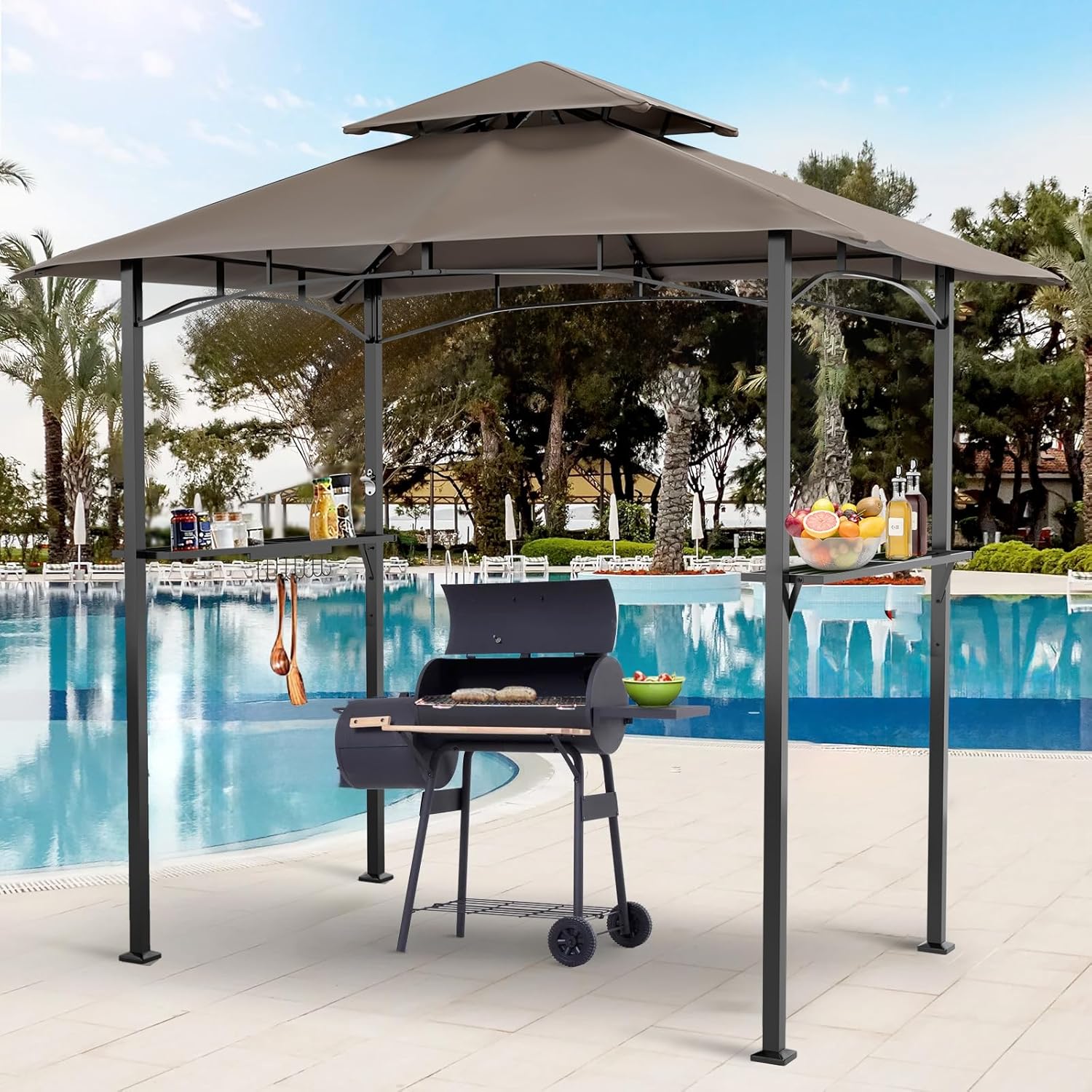SUNCROWN Outdoor Grill Gazebo 8 x 5, Patio Double Tiered BBQ Canopy w/Air Vent, Gazebo Canopy with 8 Hook Tools for Barbecue Picnic Garden, Backyard, Poolside -Brown
