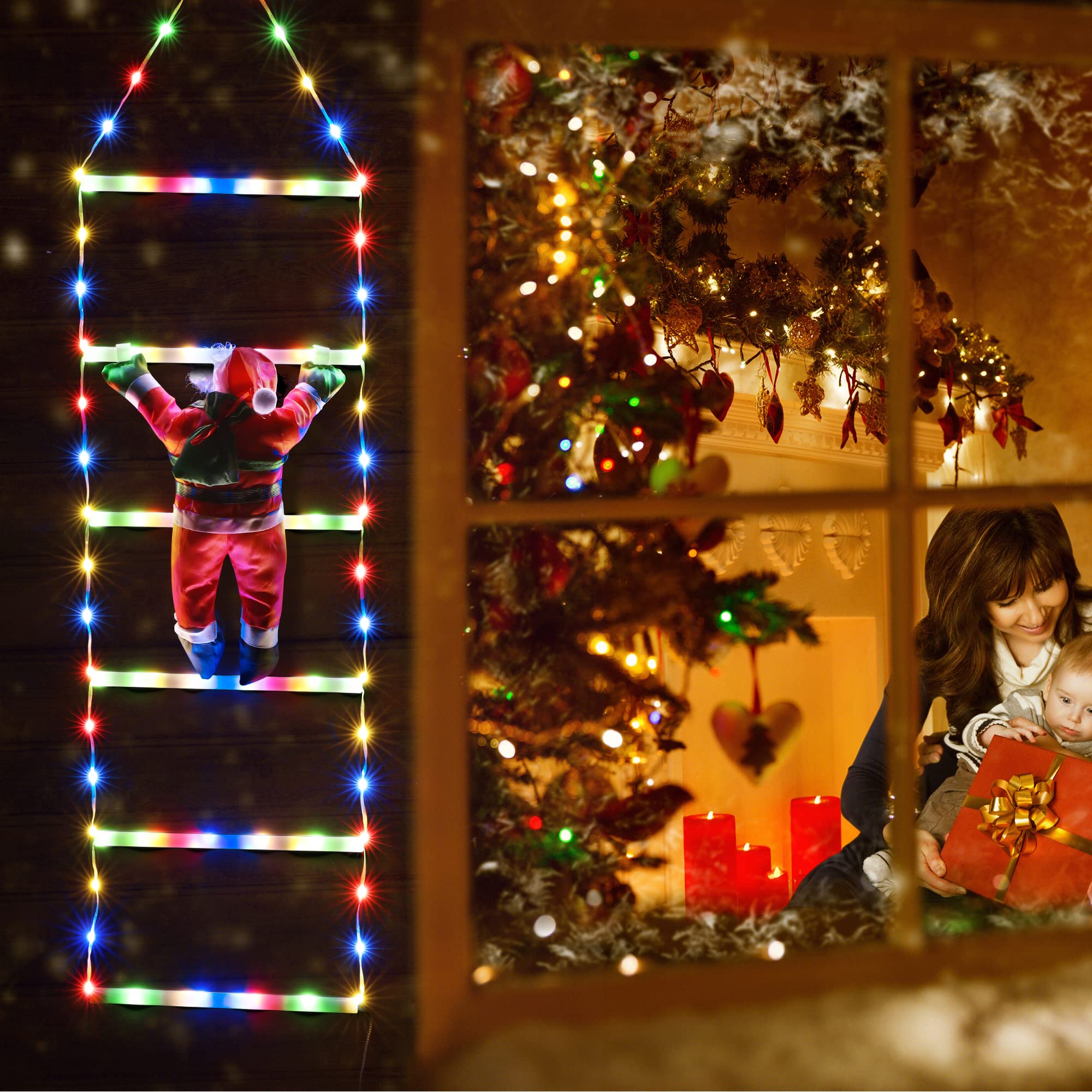 Geemoo 0.75M Luci Decorazioni Natale con 98 LED Scala e Babbo Natale, Addobbi 8 modalità, Funzione Timer e Memoria, Luci Natalizie per Finestra Esterno ed Interno Colorate