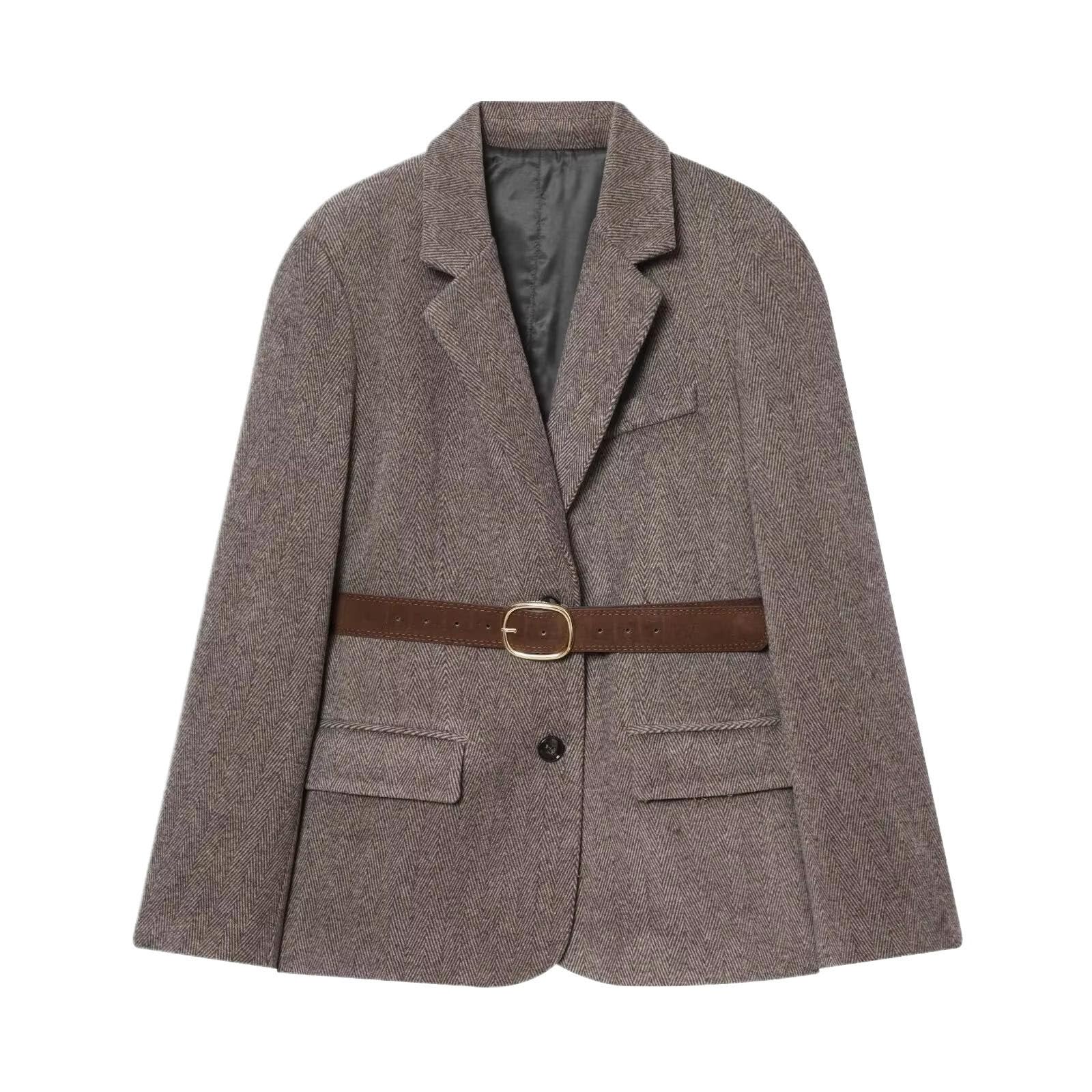 Winter Womens Lapel Long Sleeve with Padded Shoulders and Removable Belt Suit Jacket Loose Coat