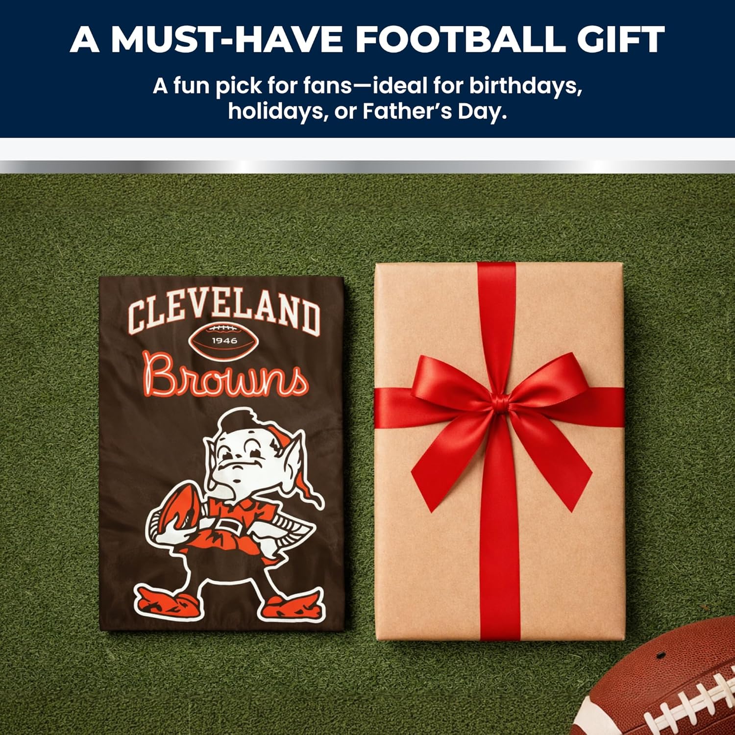 Party Animal NFL Team Flag, 44” x 28” Double-Sided, Weather-Resistant Nylon Flag for Indoor & Outdoor Use, Cleveland Browns "Elf"