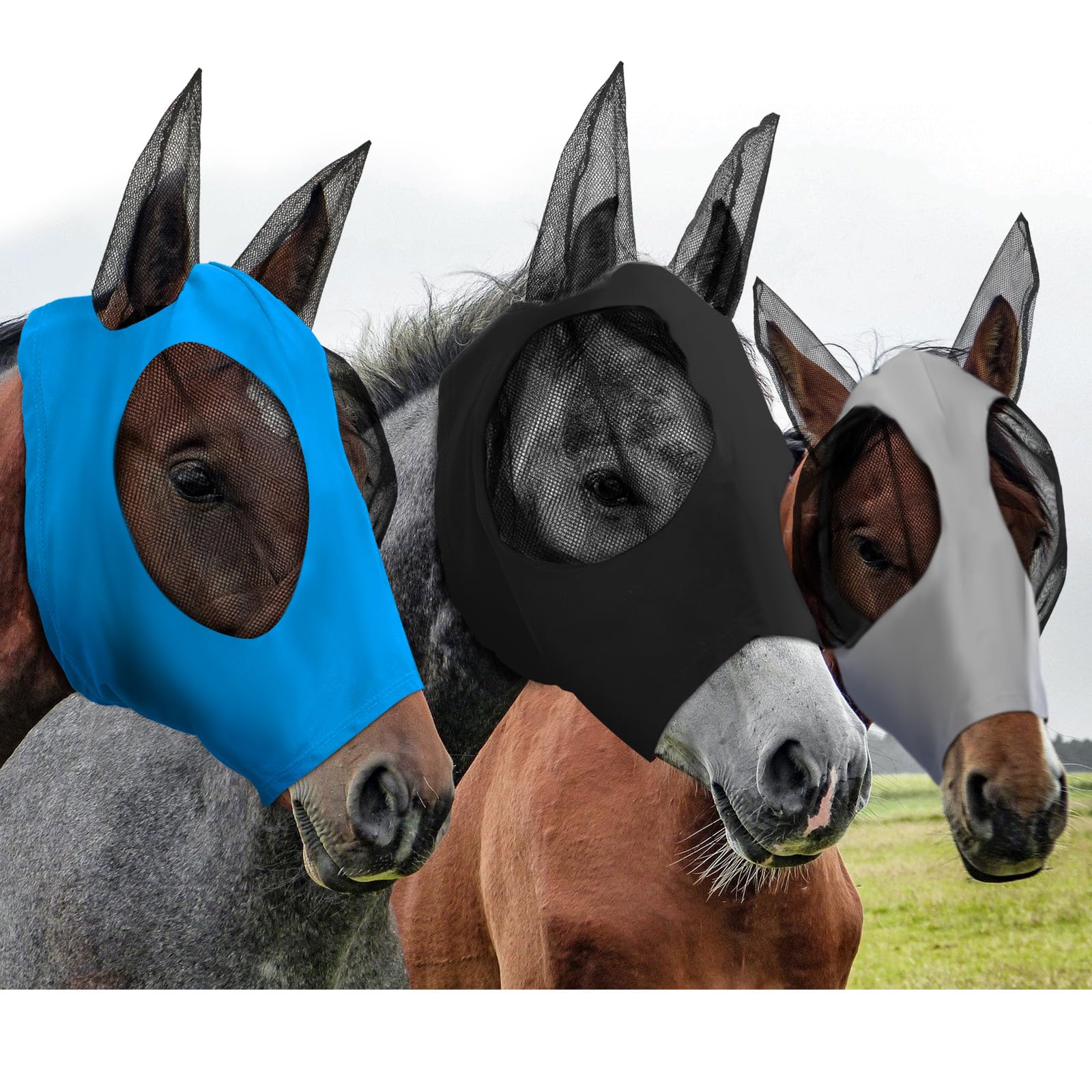 Weewooday 3 Pcs Horse Fly Masks for Horses Fly Masks with Ears Smooth and Elasticity Fly Mask with UV Protection(Black, Gray, Blue, L)