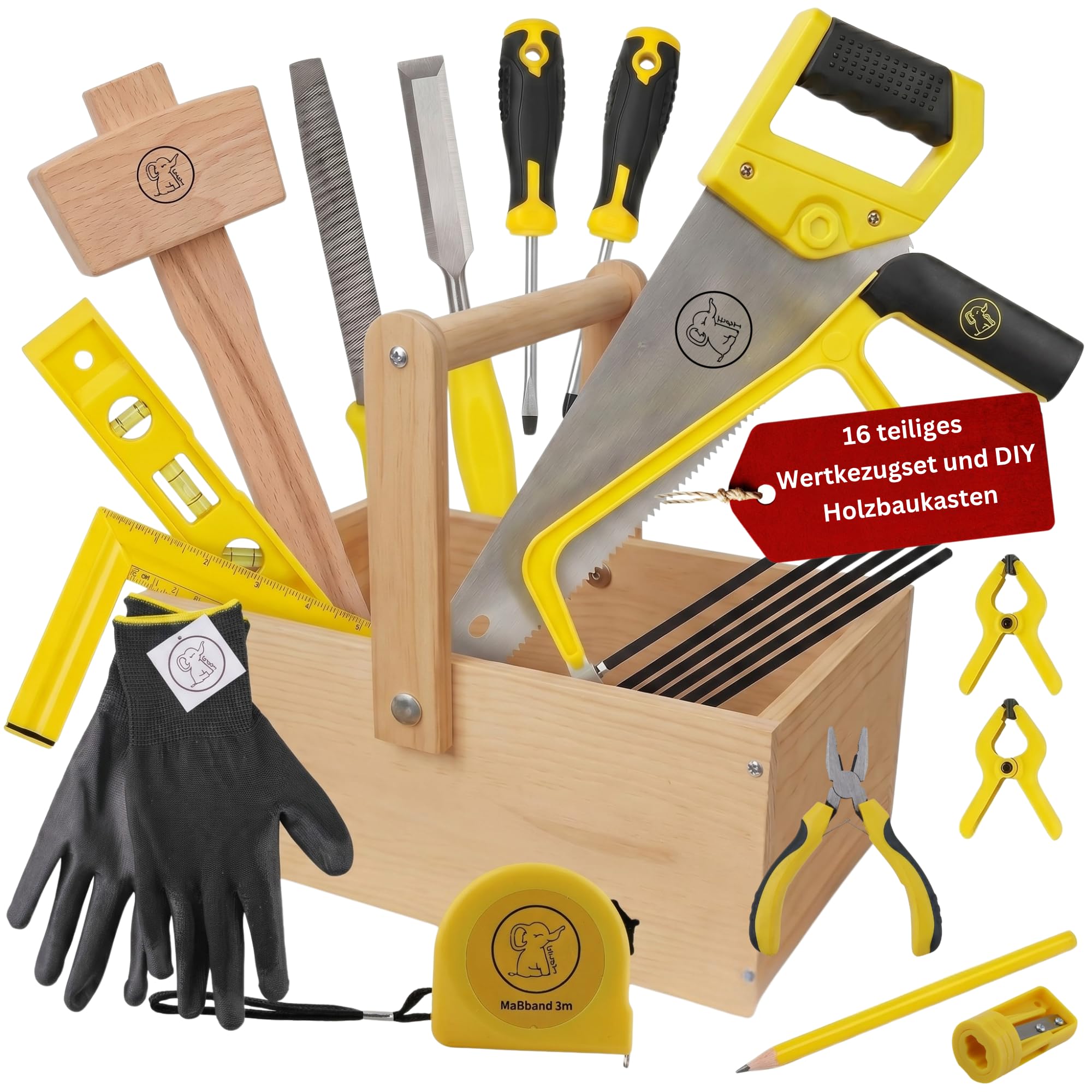 Eli® Juego de herramientas para niños a partir de 6 años, incluye caja de madera, sierra infantil, martillo, raspador de madera, nivel de burbuja, destornillador y mucho más, juego de herramientas