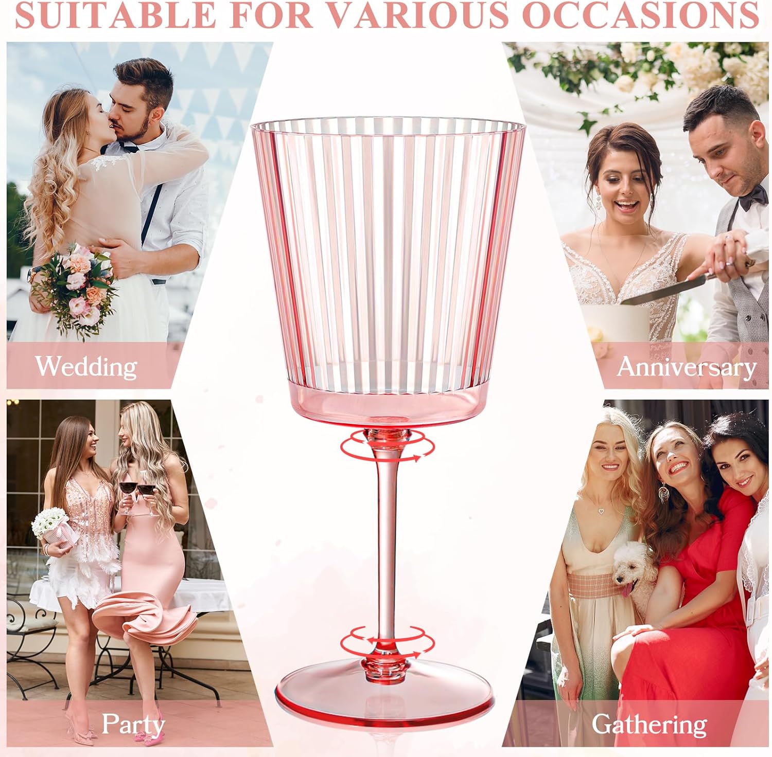24 PCS Pink Plastic Wine Glasses with Removable Stems 13.5 OZ Ribbed Wine Glass Set Square White Wine Glasses Muted Pastel Colors Goblets Elegant Fluted Glassware for Wedding(Pink, 24 Pack) - Image 8