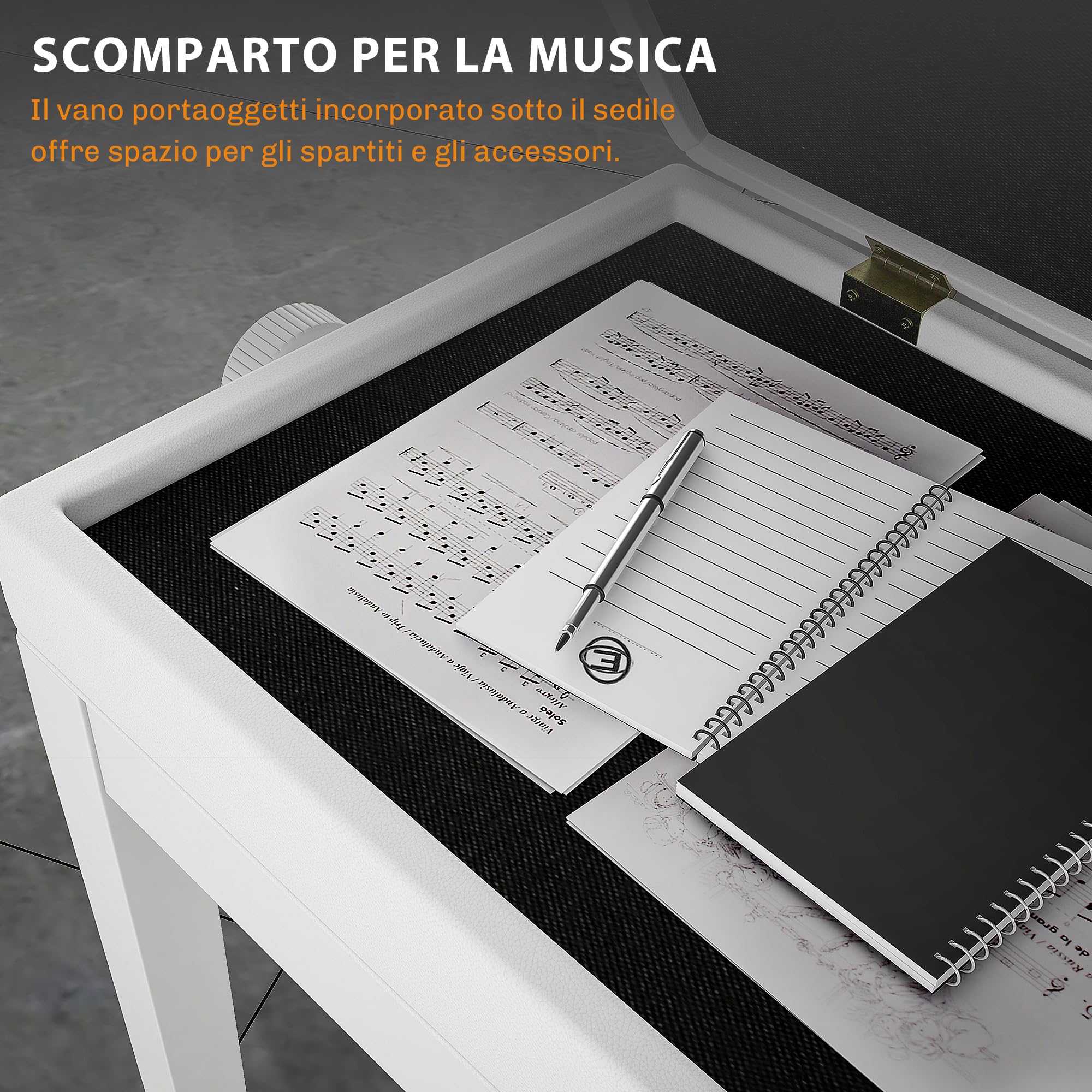 HOMCOM Sgabello Pianoforte con Altezza Regolabile 48-58 cm 200 kg Bianco | Panca Pianoforte, Vano Contenitore, Seduta Imbottita, Pelle PU, Gambe Legno di Caucciù, per Tastiera, per Pianola