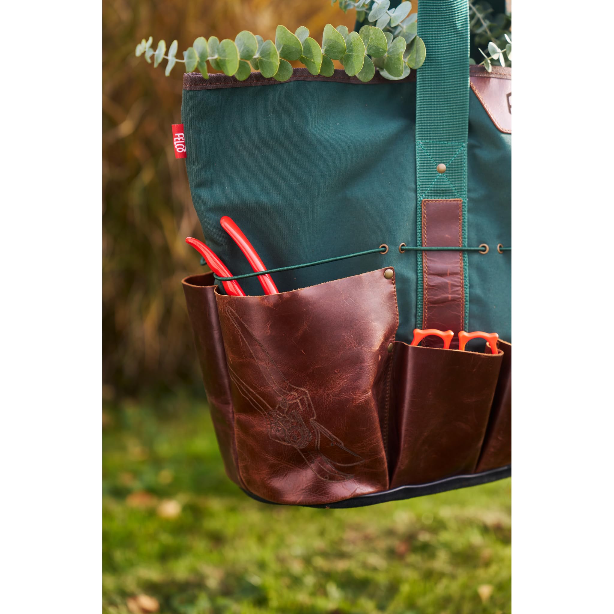 FELCO 481 Borsa Multiuso da Giardino, Tela Idrorepellente, Tasche in Pelle di Bufalo Cerata, Fondo in Pelle Nera, Cinghie Elastiche Dori, 500mm, Design Lifestyle e Pratico