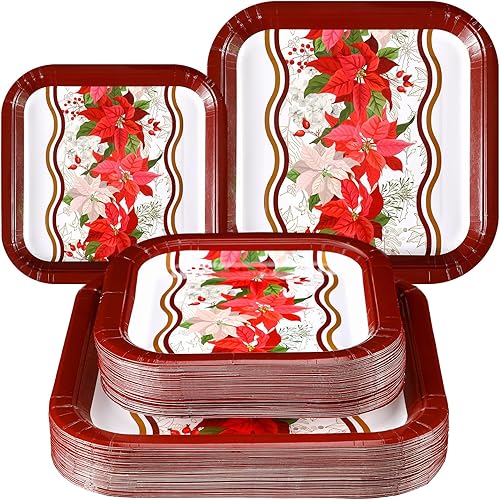 Umigy 100 platos de papel de flor de pascua de Navidad, platos de postre de Navidad rojos, platos de papel desechables de bayas de Navidad, 9