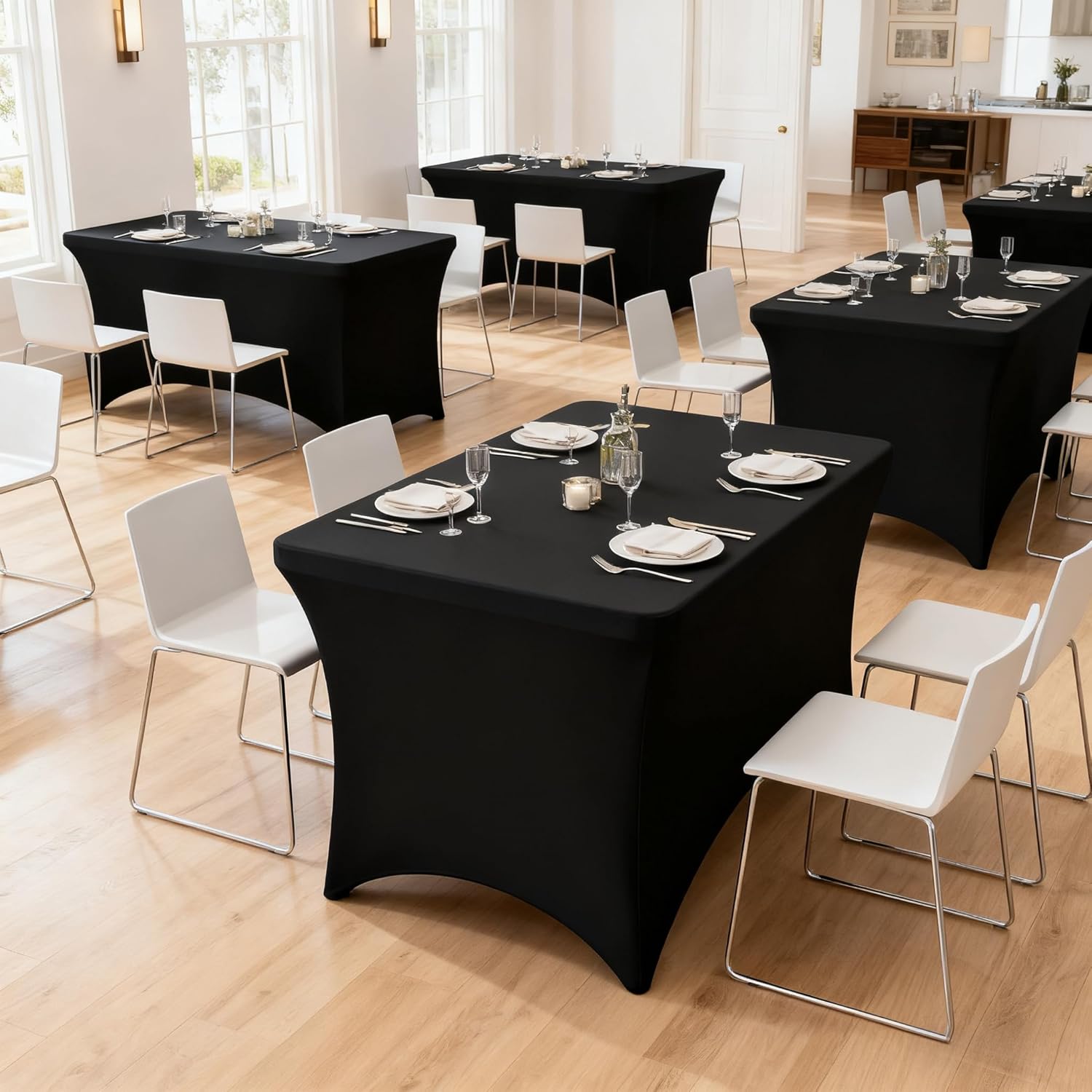 4FT Black Table Cloth - 2 Pack, Fitted Stretch Rectangle Spandex Tablecloth, Washable Table Cover for Party, Dining, Wedding, Banquet and Festival(Black, 30" x 48")