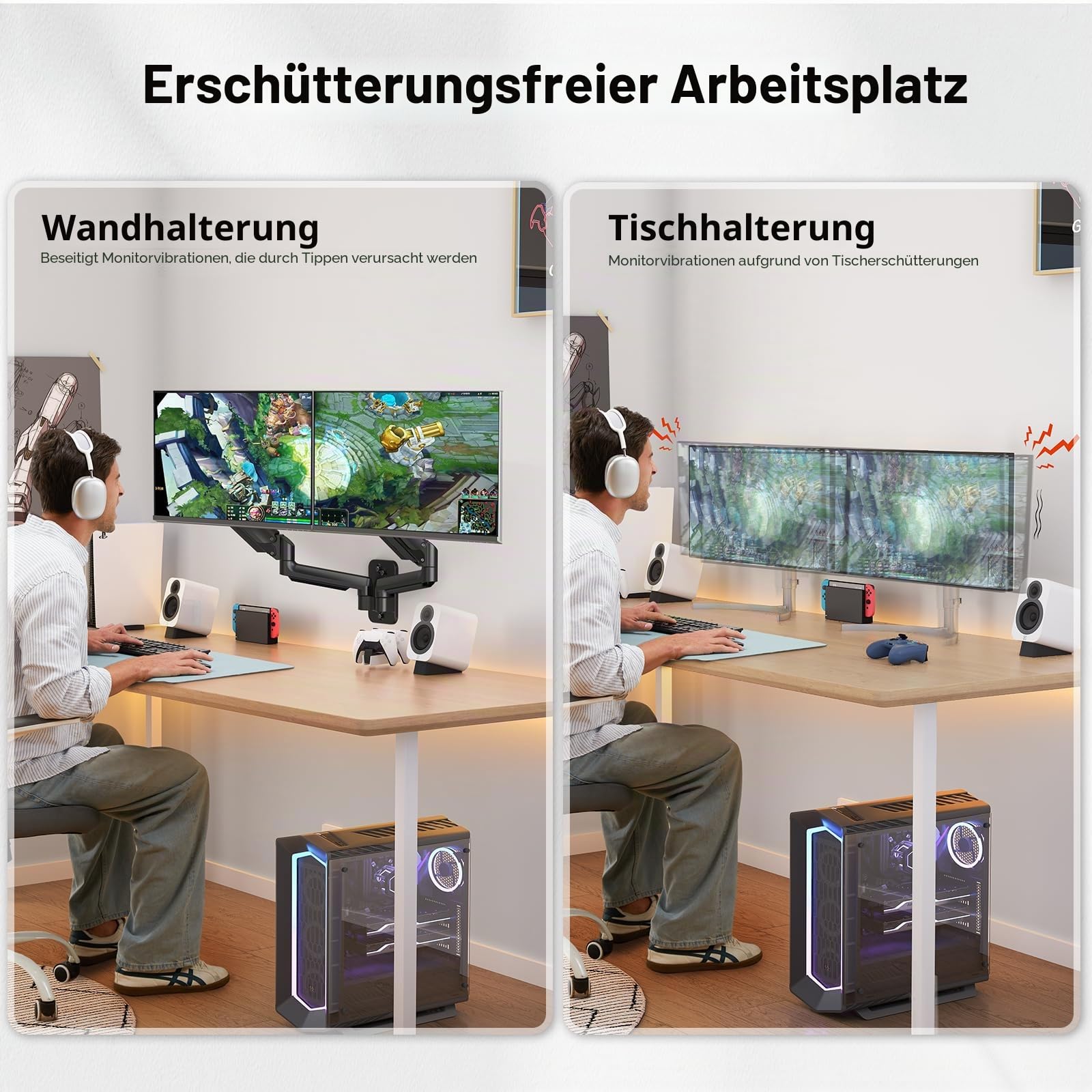 HUANUO Monitor Wandhalterung 2 Monitore, für 17-32 Zoll Bildschirme, mit Gasfederarm, Monitor Wandhalterung, unterstützt VESA 75/100 mm, 8 kg pro Arm Gaming