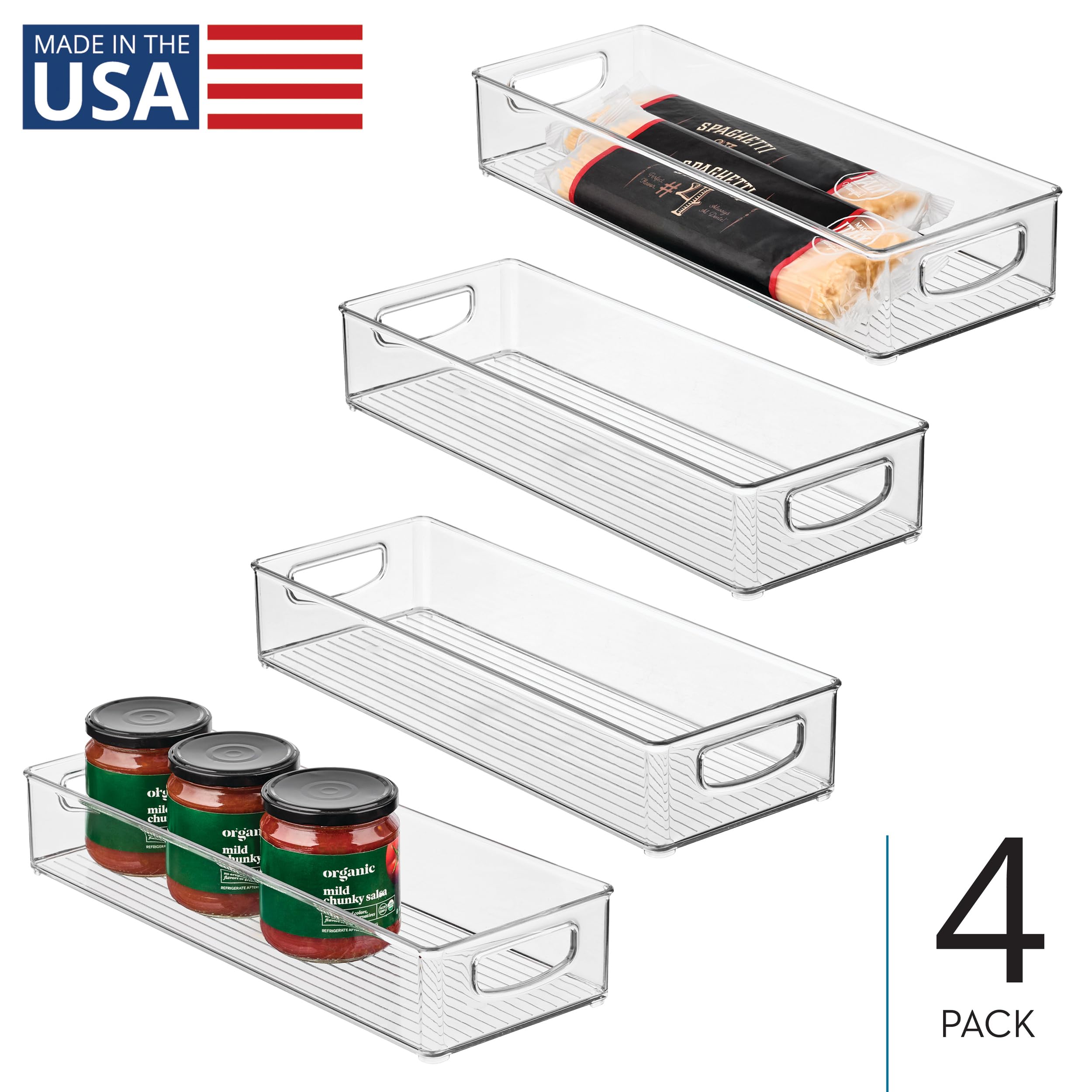 InterDesign iDesign - Contenedor apilable de plástico para despensa, organizador con asas para armarios o nevera, juego de 4, transparente