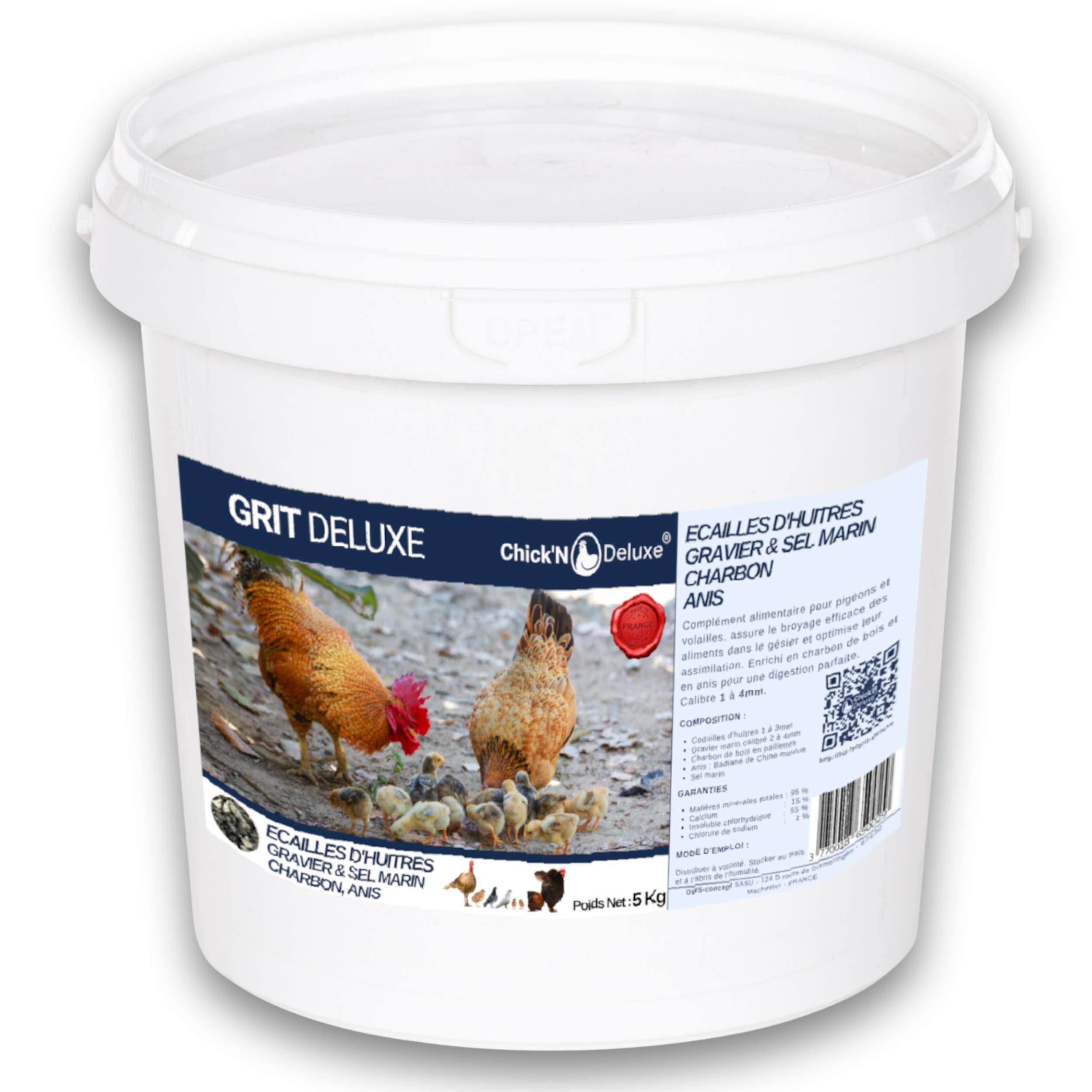 Chick'N Deluxe® Grit Deluxe 5Kg. Complément Alimentaire pour Pigeons/volailles. Mélange de minéraux, Charbon Actif et enrichi l'anis pour Une Digestion Parfaite. Renforce Aussi la Coquille d'oeuf.