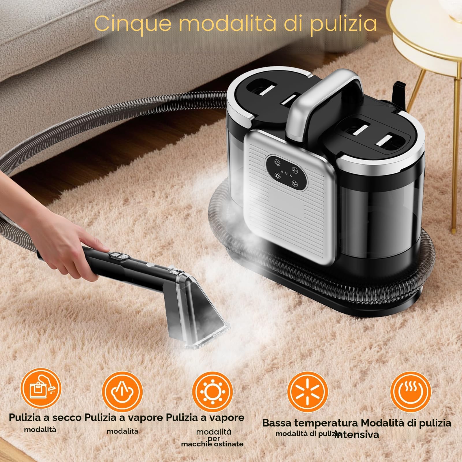 Lavatappeti Portatile, 1650W Aspirapolvere Pulitore di Tappeti con Cinque Modalità di Decontaminazione, 13Kpa Lava Divano ad Acqua a Secco Umido con 2 Serbatoi D'acqua Rimovibili