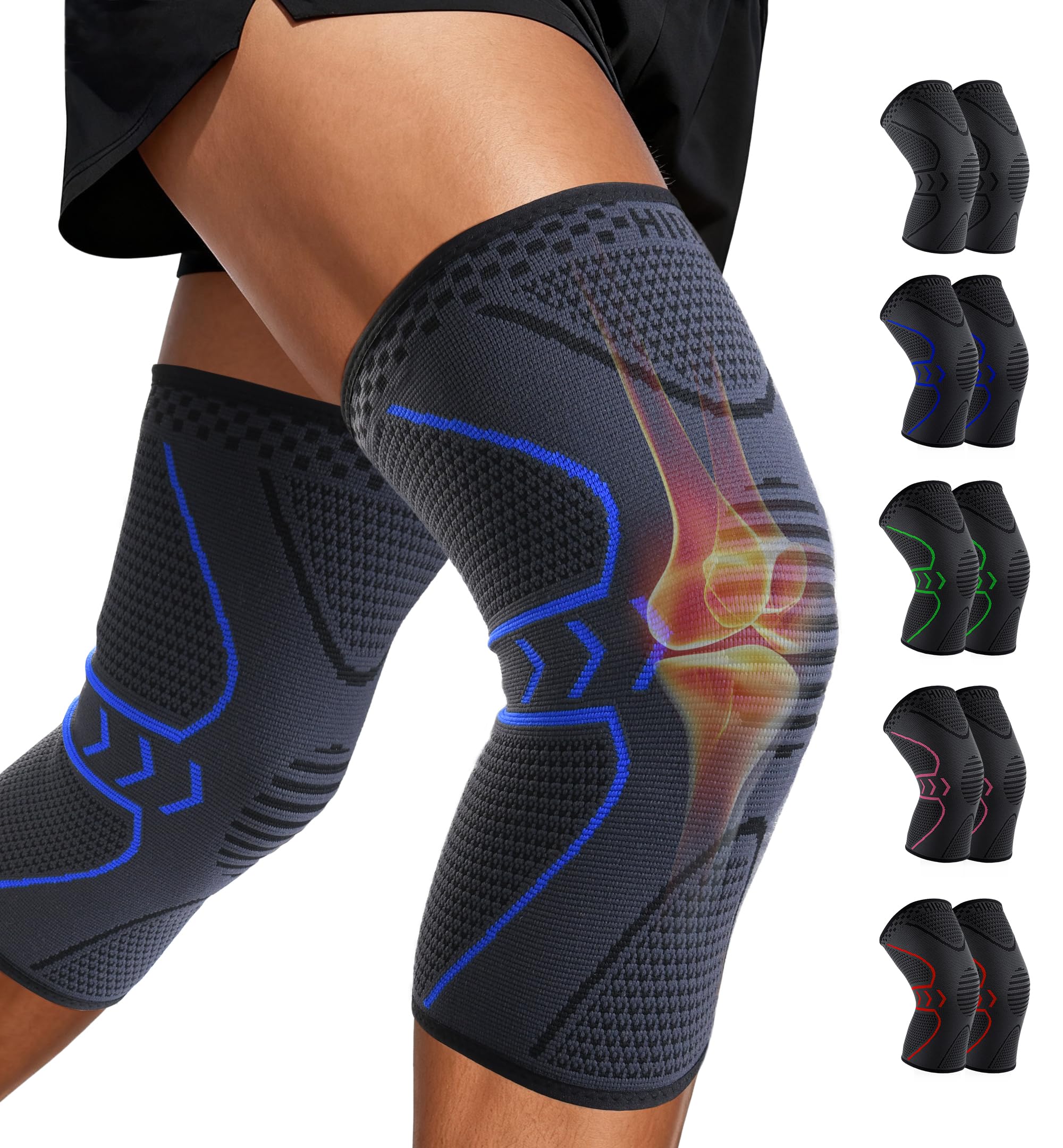 HiRui Knee Brace Knee Compression Sleeve [2 Pack] for Men Women - Knee Support for Running, Basketball, Weightlifting, Gym, Workout, MTB, Arthritis,