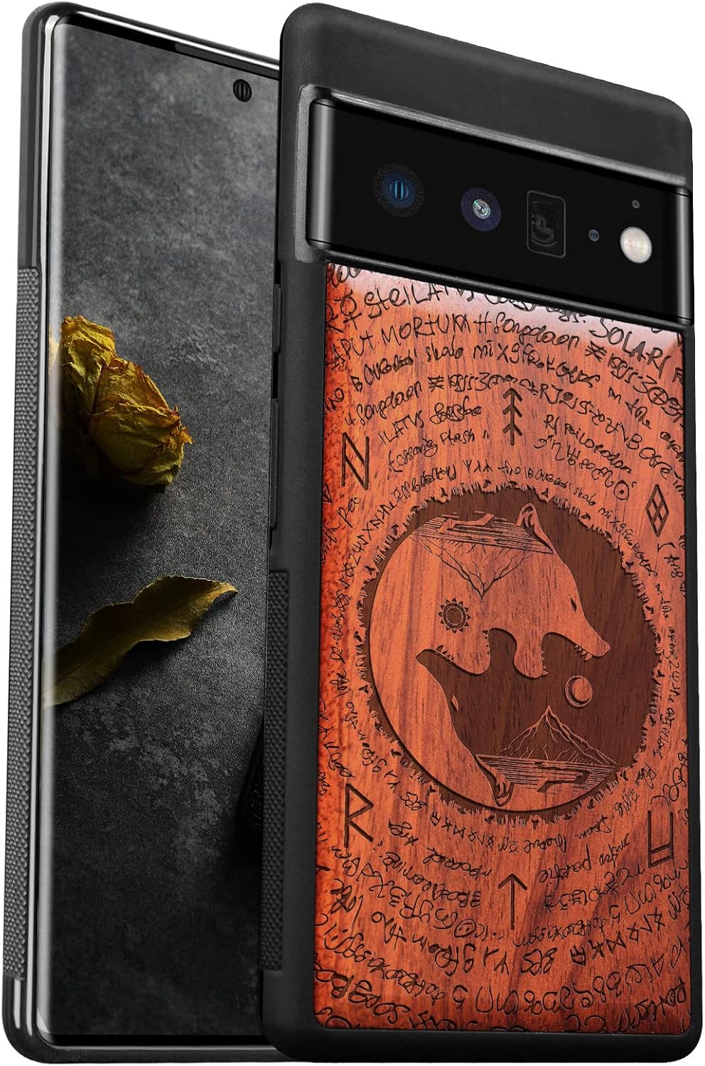 Carveit Wood Case for Pixel 6 Pro Case [Natural Wood & Black Soft TPU] Shockproof Protective Unique & Classy Wooden Cover Compatible with Google Pixel 6 Pro (Thors Hammer-Rosy)