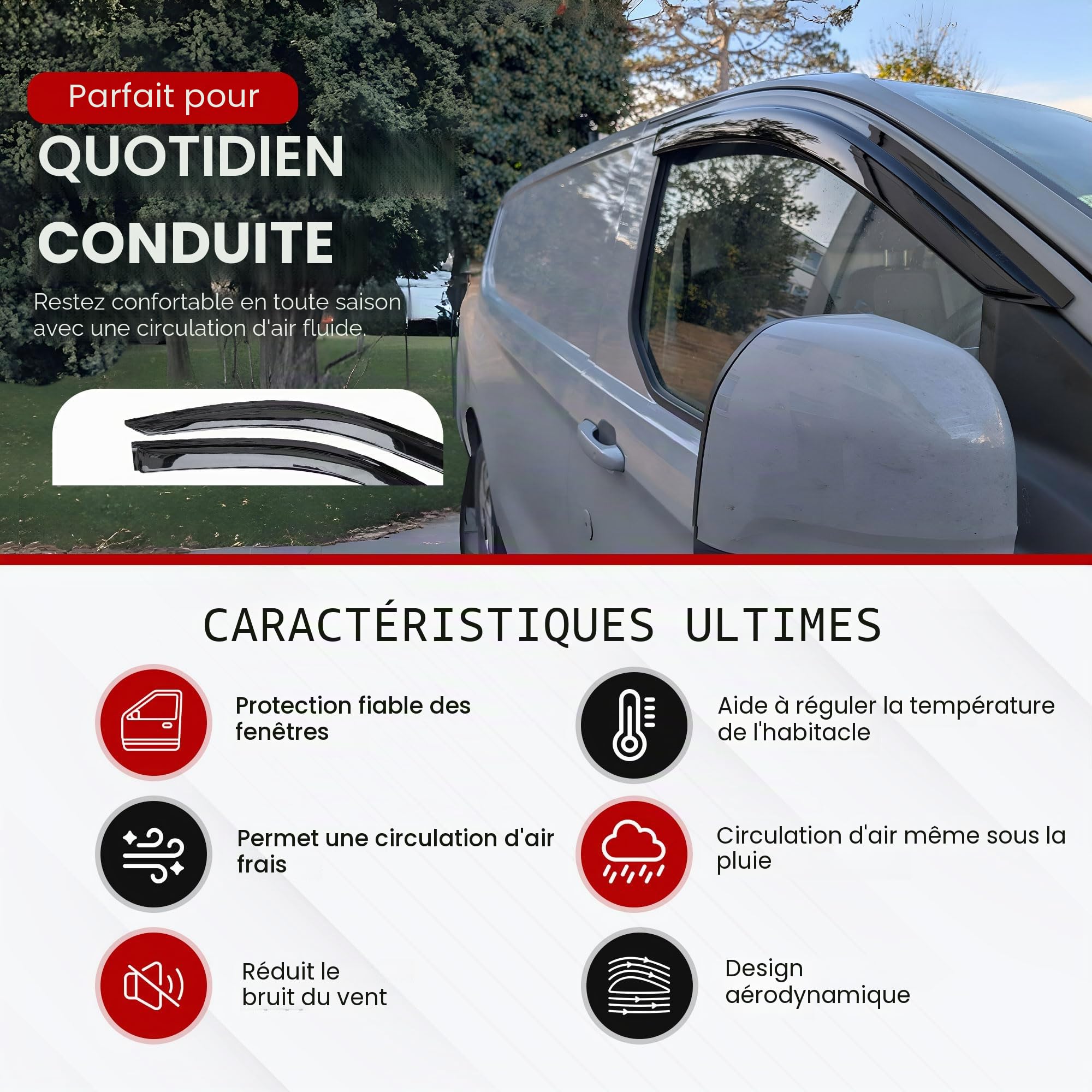 Compatible avec : déflecteurs d'air Ford Transit Custom 2023+ et visières de fenêtre VW Transporter T7 (à partir de 2025) – Lot de 2 déflecteurs extérieurs teintés de qualité supérieure pour