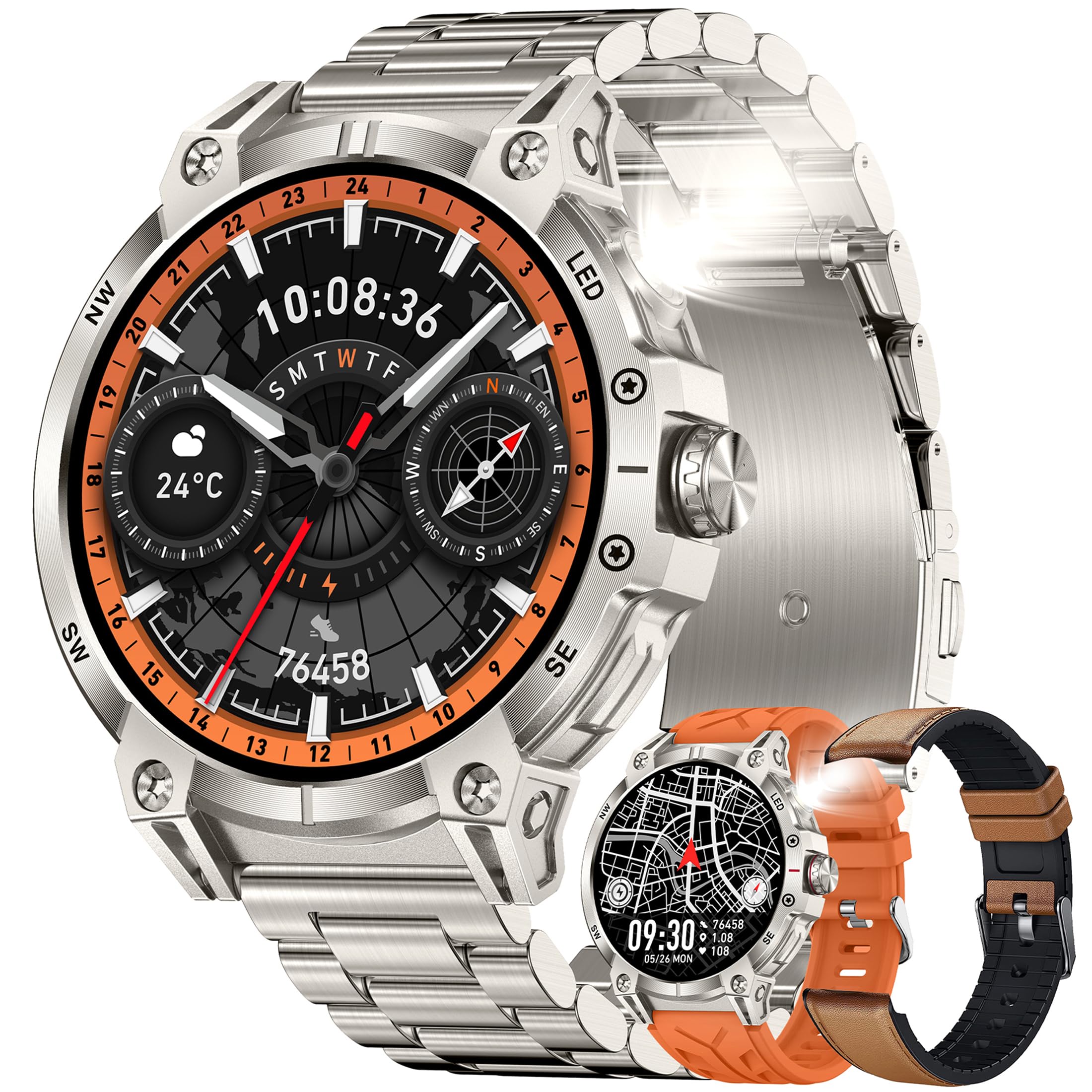 AMOLED Montre connectée pour homme avec fonction téléphone, lampe de poche, 5 ATM, 123 modes sportifs, moniteur de pression artérielle, podomètre, montre pour iOS