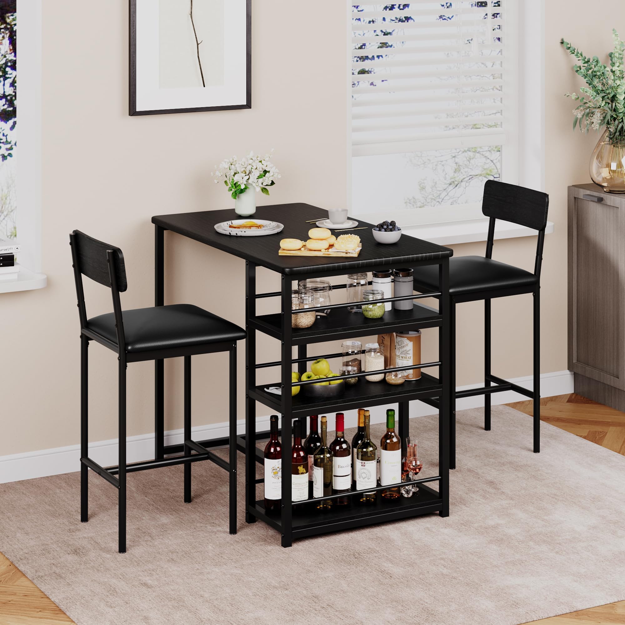 Mesa de cocina pequeña, mesa de comedor con 2 sillas, 3 estantes laterales, mesa de bar con taburetes de bar, conjunto de comedor para cocina, comedor, salón, color negro