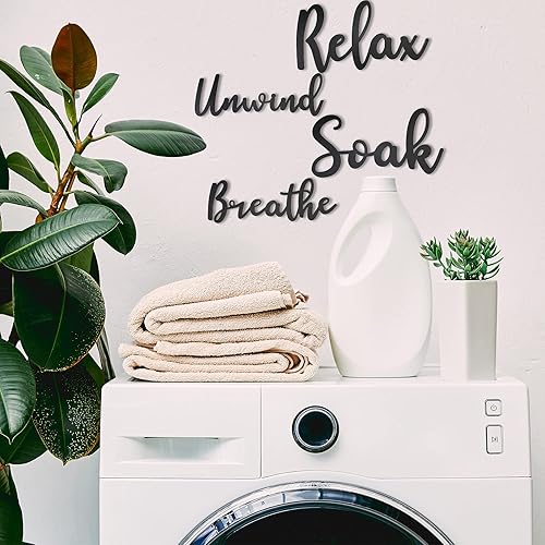 Miniatura 3 de Jetec 4 piezas de decoración de pared de baño negro de madera, letrero grande para remojar relajarse, relajarse y respirar, accesorios de arte de