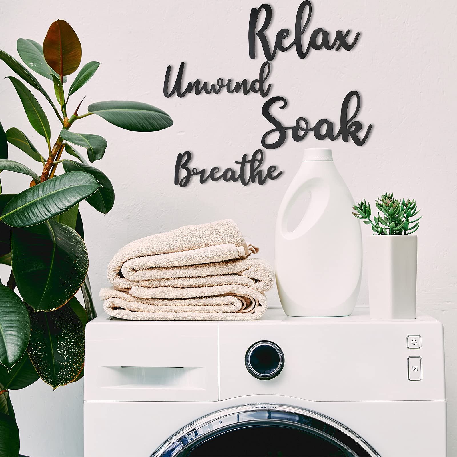 4 Pieces Bathroom Decor Wooden Bathroom Sign Soak Relax Unwind Breathe Plaque Wall Arts Decorations Cutout Farmhouse Sign for Bathroom Toilet Dressing Room Laundry Room (Black)