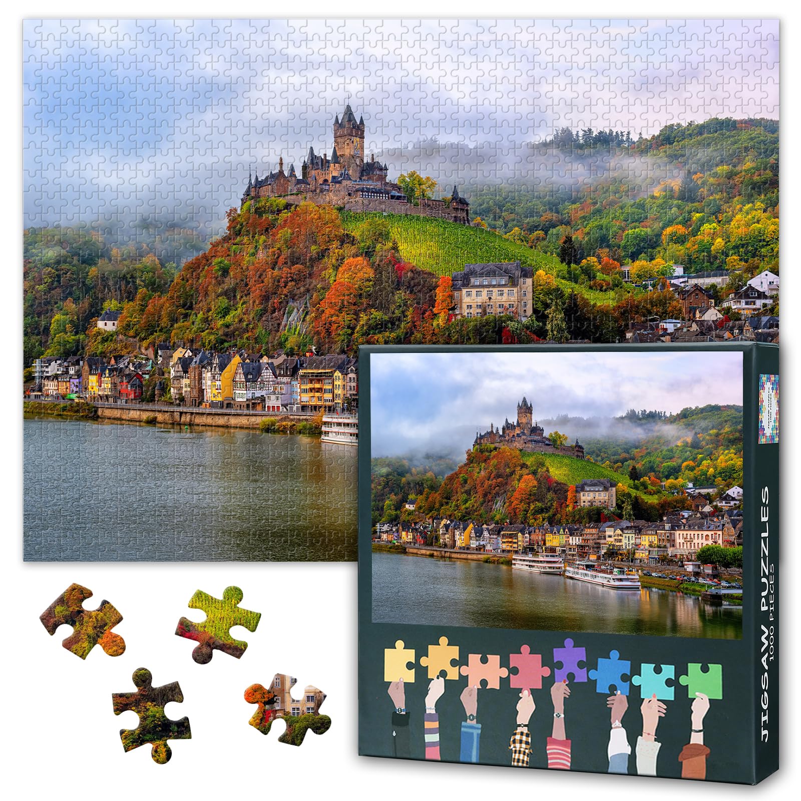 Germany Historical Town Puzzles for Adults 1000 Pieces, Moselle River Jigsaw Puzzles, Cochem Adult Puzzle for Adults, Educational Fun Games or Toys for Elders Friends 20X27 INCH