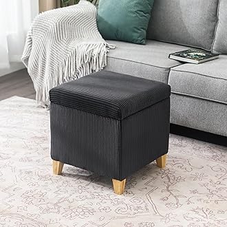 Adeco 18 Inch High Faux Fur Grey Cube Ottoman Storage, Fluffy Striped Velvet Chair Foot Stools, Small Bench Upholstered Vanity Stool with Hinged Lid, Solid Wood Legs