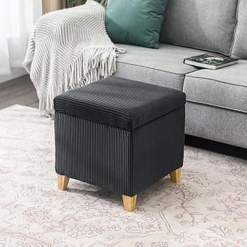 Adeco Faux Fur Storage Ottoman Cube, 18" High Fluffy Grey Foot Stool with Hinged Lid, Upholstered Small Bench for Living Room Bedroom, Solid Wood Legs