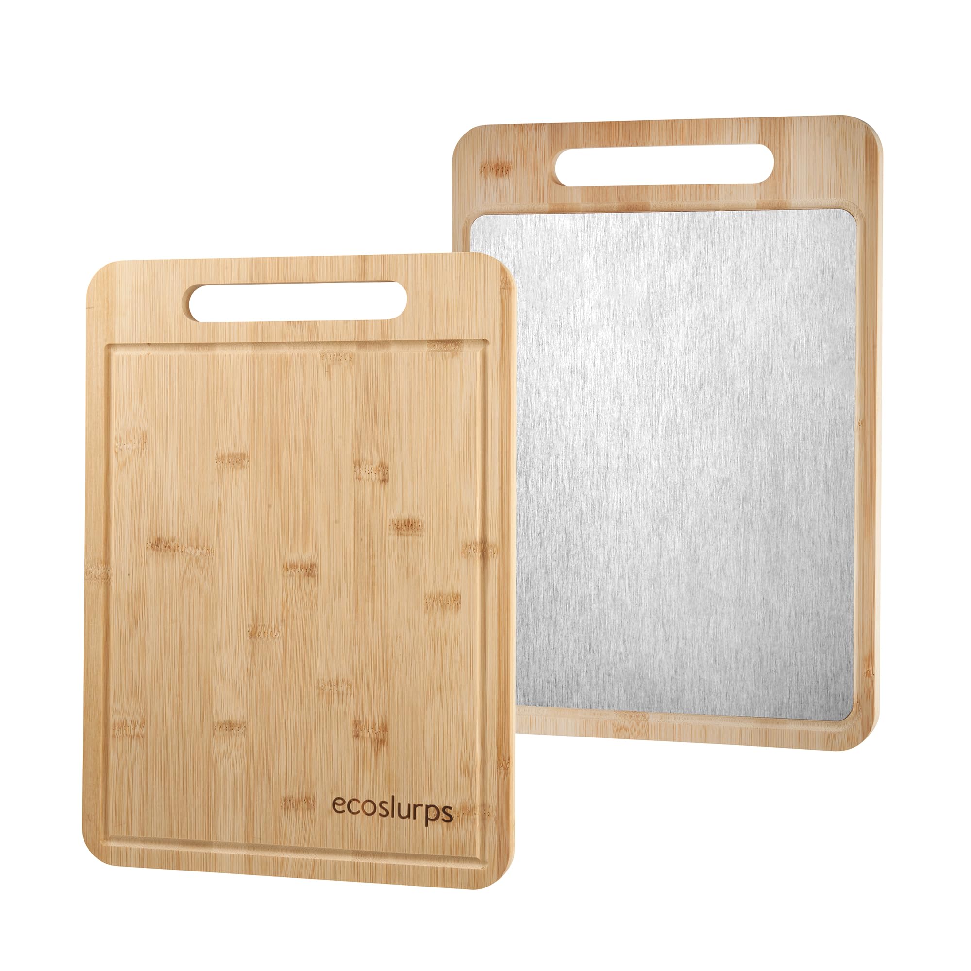 EcoSlurps Tagliere double face con superficie in acciaio inossidabile 304 e legno di bambù naturale, 36 x 25 (39 x 28)