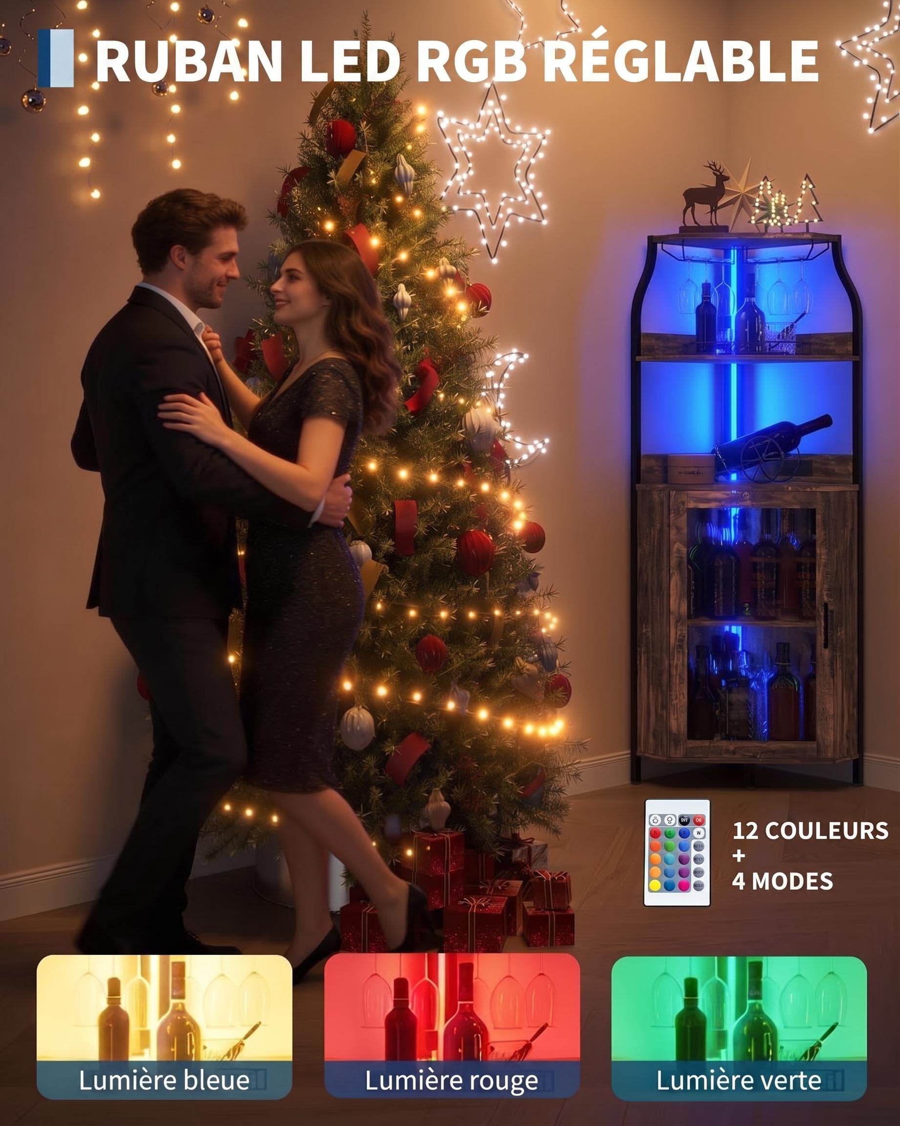 Garvee Vitrine à vin courbée en MDF avec 4 étagères – Porte vitrée et éclairage LED – Meuble Bar indépendant Moderne pour Salon – Rangement Bouteilles et Verres – Facile à Nettoyer – Marron
