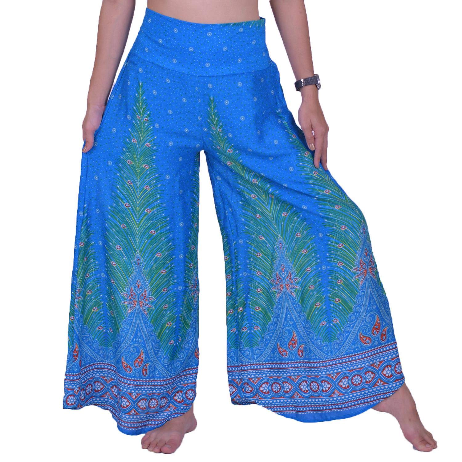 Lofbaz Women's Wide Leg Palazzo Pants Yoga Lounge Hippie Harem Flowy Trousers Ladies Petite Summer Hippy Comfy Travel Belly Dance Slacks - Peacock 1 Light Blue S