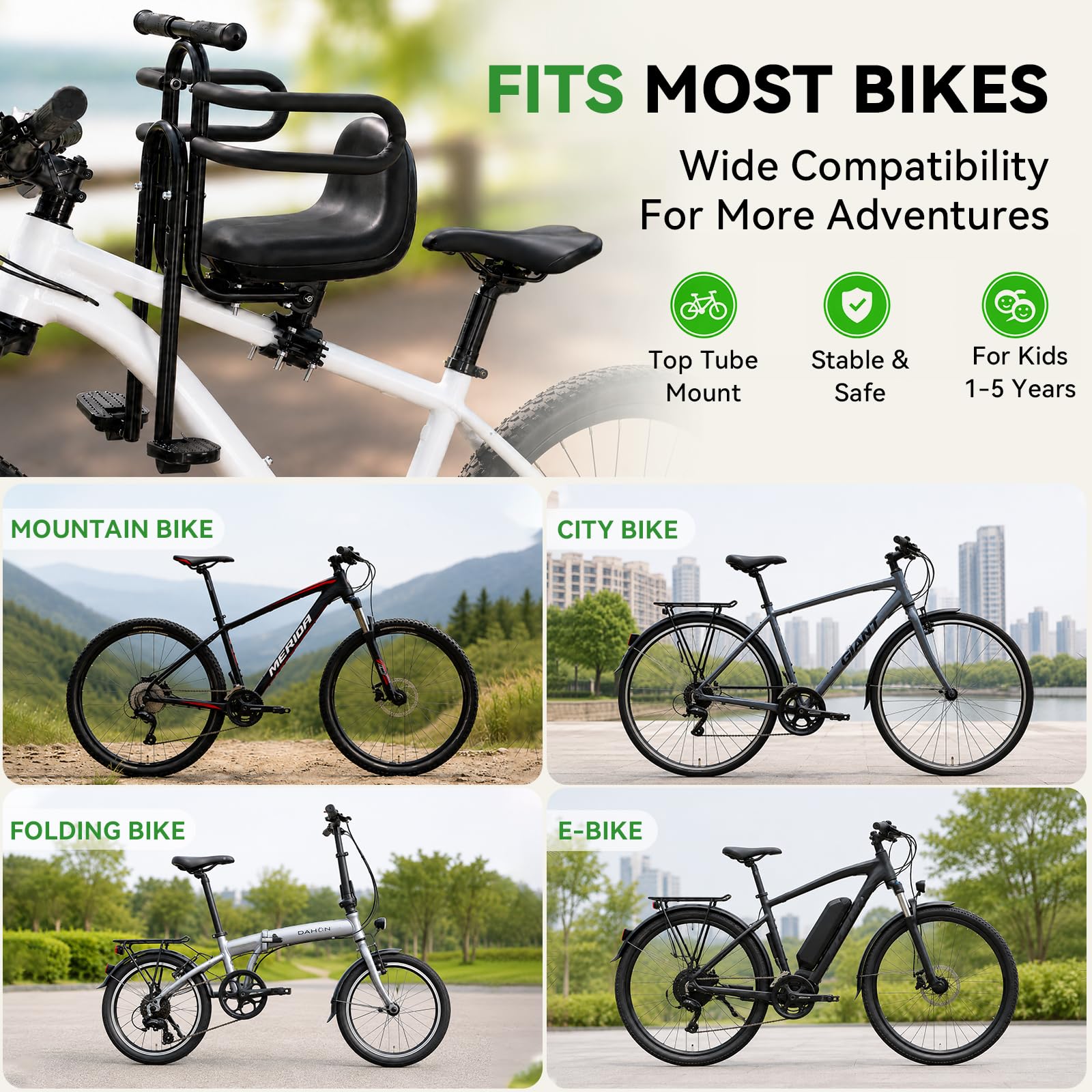 Kindersitz Fahrrad Vorne, Kinderfahrradsitz mit verstellbarem Sitzwinkel | mit Armlehnen, Fußstützen, Fahrradkindersitz Kindersitz Vorne für Mountainbike, Cityräder, Falträder