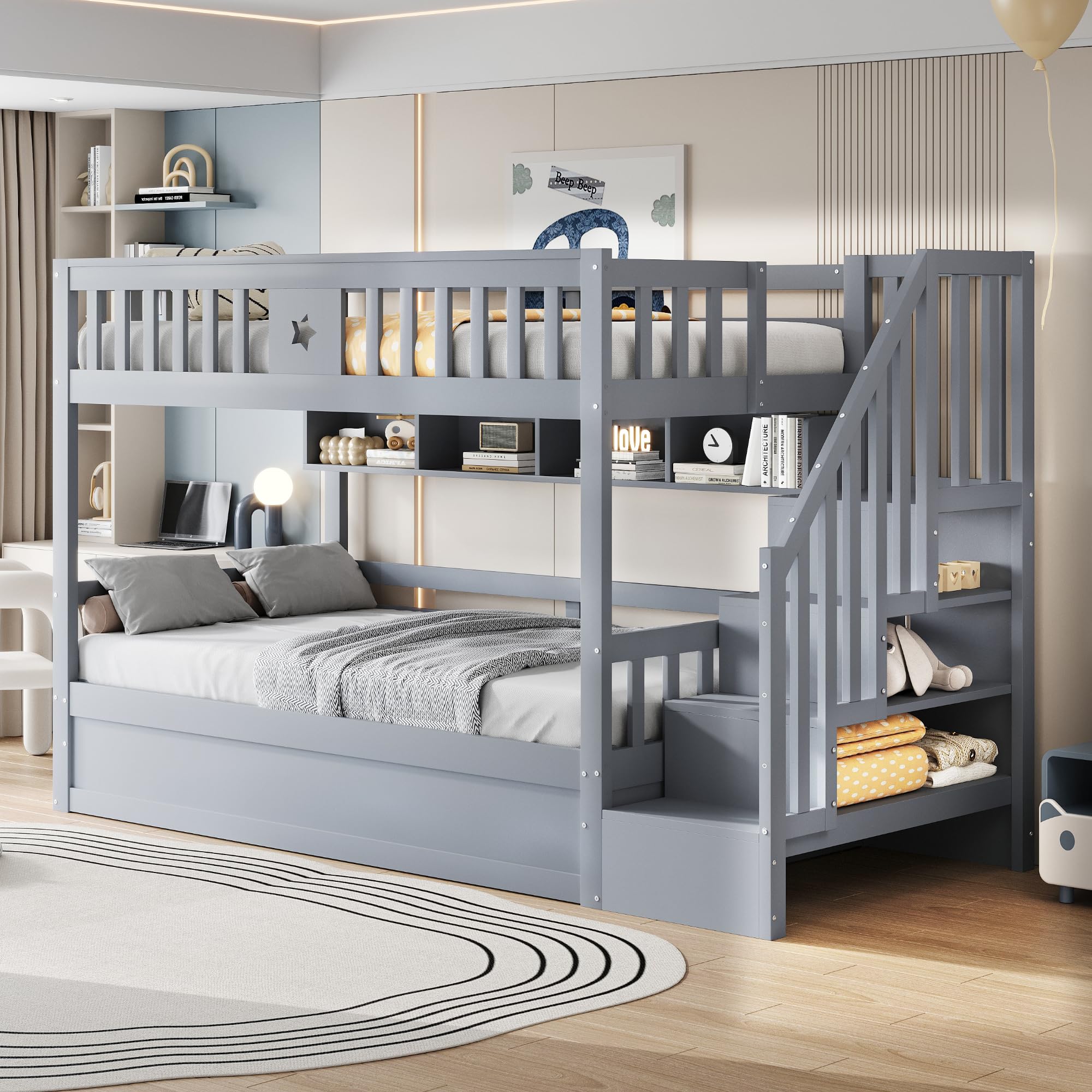 90 x 200 cm, Letto in Legno Naturale, Soppalco con Sottoletto Idraulico, Scala di Stoccaggio, Scaffali, Letto per Ragazzi (Grigio Type2)