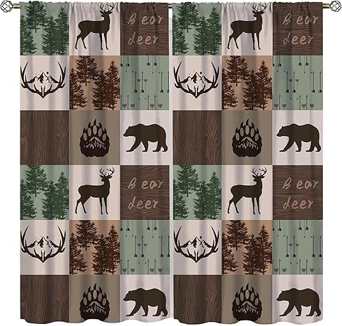Cortinas rústicas de alce y oso, tratamiento retro para ventana de cabaña de oso salvaje para dormitorio, cocina, cortinas de estilo rústico