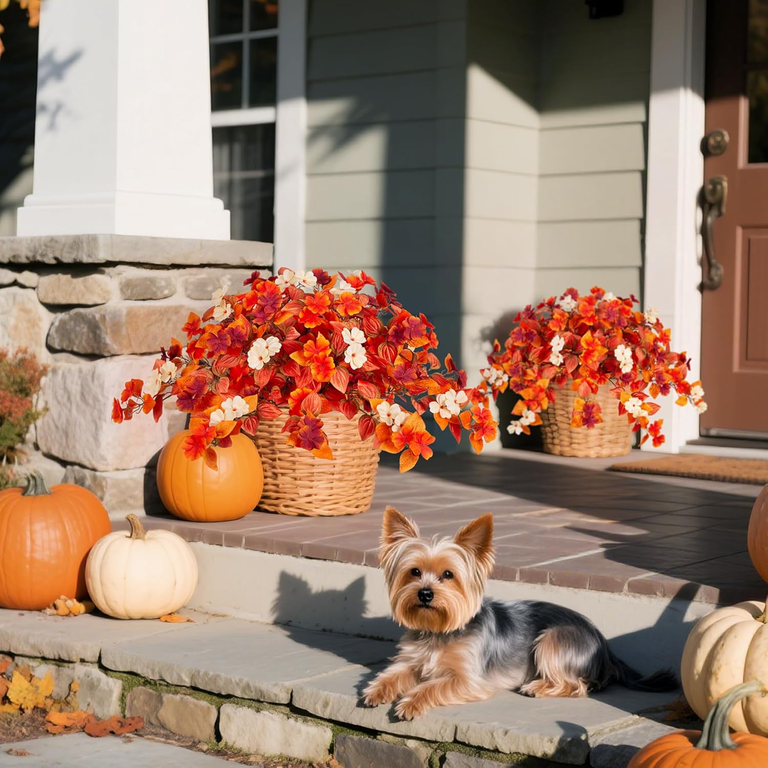 Fake Fall Flowers Artificial for Decoration 2PCS Faux Silk Fall Flowers Plants for Outdoors Outside Planters UV Resistant Looks Real for Front Door Porch Patio Garden Decor - Image 5