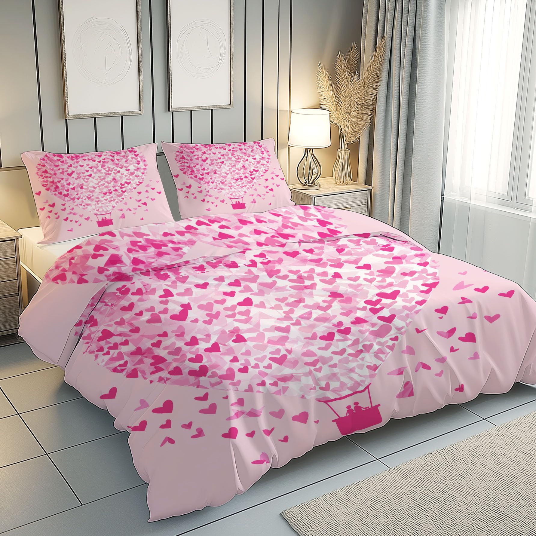 Bettwäsche 220x240 Pärchen, Herz, Heißluftballon Bettwäsche Set, | Weich Microfaser Kuschelige Bettwäsche, Romantische Mode zum Valentinstag Wendebettwäsche Bettbezug und Kissenbezug 80x80cm