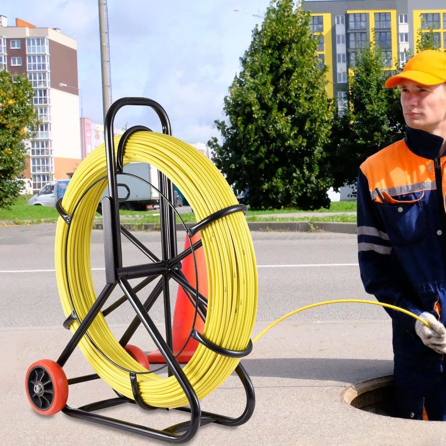 Portable Fiberglass Fish Tape 492ft | 8mm Heavy-Duty Cable Running Rod | Durable Wire Pulling Tool for Electricians | Perfect for Electrical Wiring & Installations