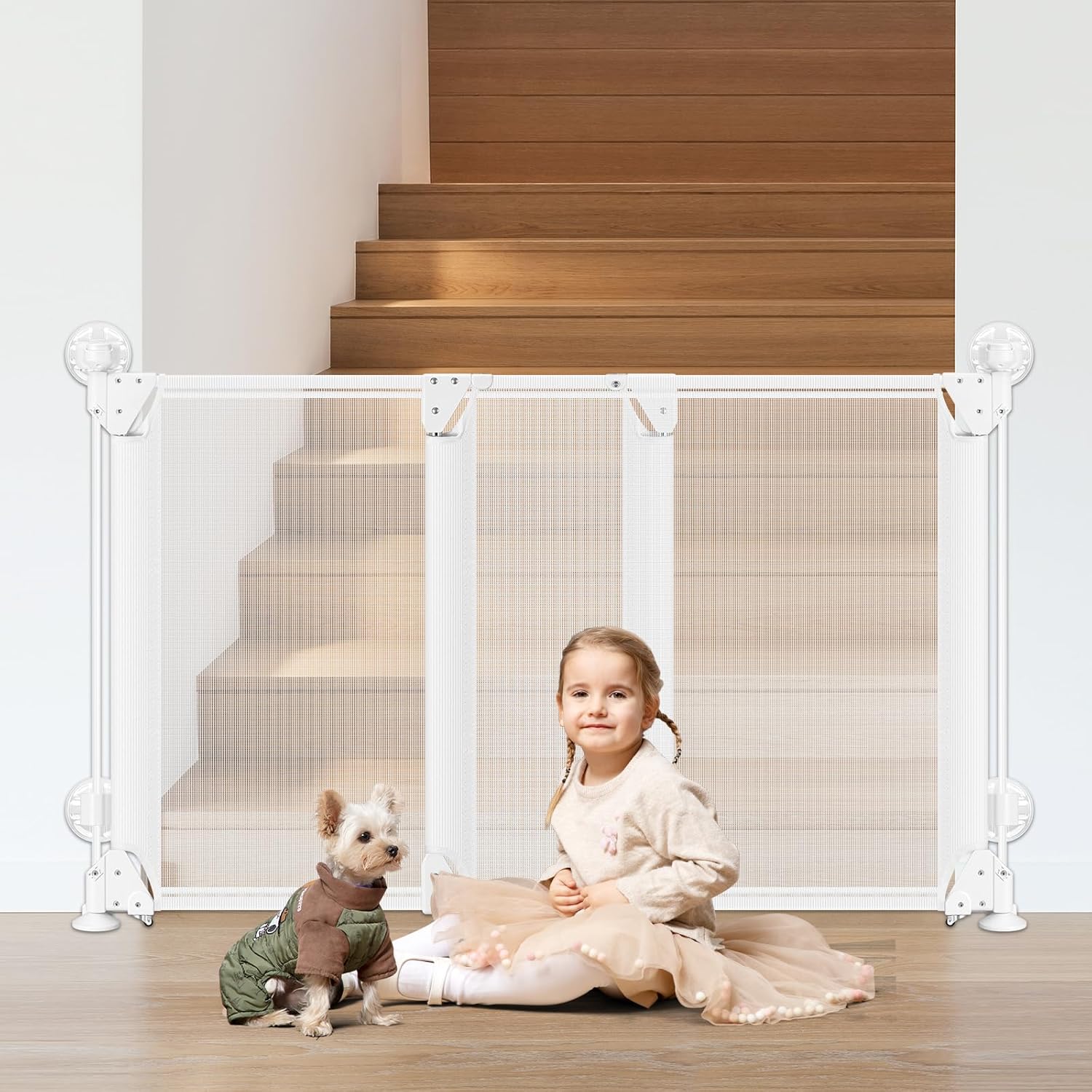Color White No Drill Baby Gate for Stairs No Bottom Bar,  Adjustable Baby Gate with Large Walk Thru Door, Mesh Dog Gate for Doorways, Swing & Dual Openings, No Drilling Pet Gate Child Safety Gate, White