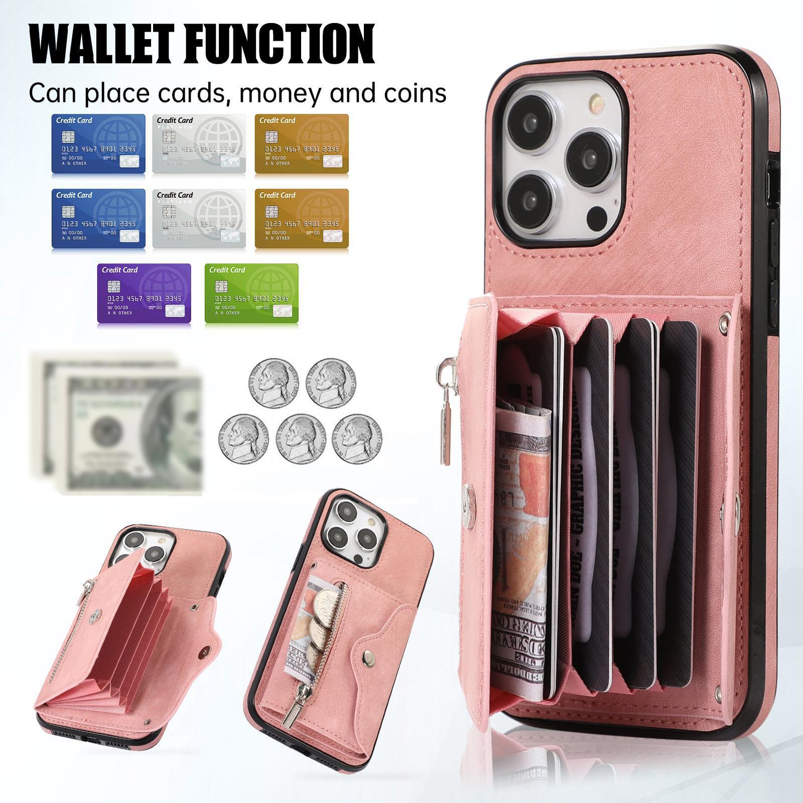 Funda De Piel para iPhone 15 Pro Max/15 Plus/15 Pro/15, Carcasa Cartera, 4 Ranuras Tarjetas Y Soporte Plegable, Cubiertas con Cuerda para Colgar Ajustable,Púrpura,15 Plus 6.7''
