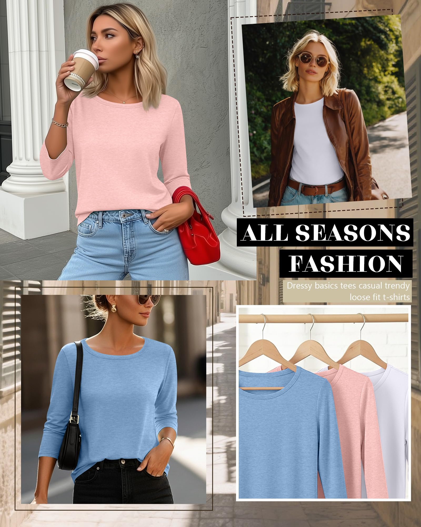 Ficerd Pack de 3 Camisetas de Manga 3/4 para Mujer Cuello Redondo Básicas Elegantes Informales Holgadas y a la Moda