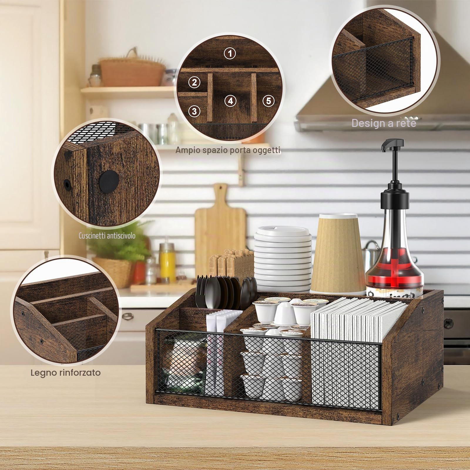 Organizer caffè in legno con porta cialde, porta bicchieri, portautensili da cucina marrone, porta zucchero e vani multiuso per creare un perfetto angolo caffè organizzato