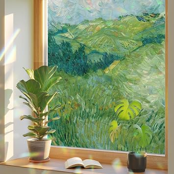 Window Privacy Film Cloud Sky Green Mountain Stained Glass Window Film Rolling Hills Oil Painting Rainbow Static Window Clings for Glass Windows Home Bathroom Living Room Door Sticker 17.7"x39.3"