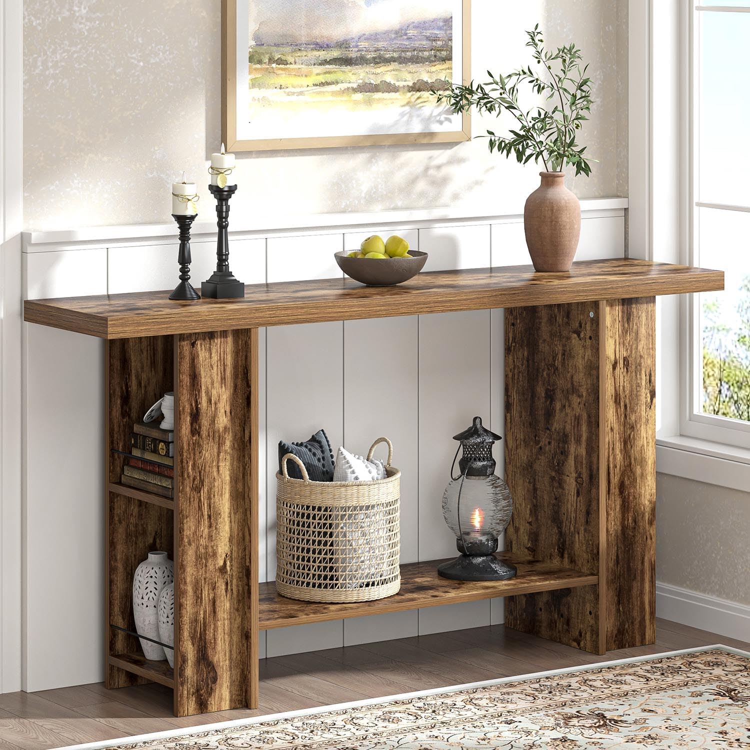FOLUBAN Console Table for Entryway, Farmhouse Sofa Table with Side Storage for Living Room, Long Hallway Tables, Vintage Wood Couch Table Behind Sofa, Rustic Brown, 53 Inch
