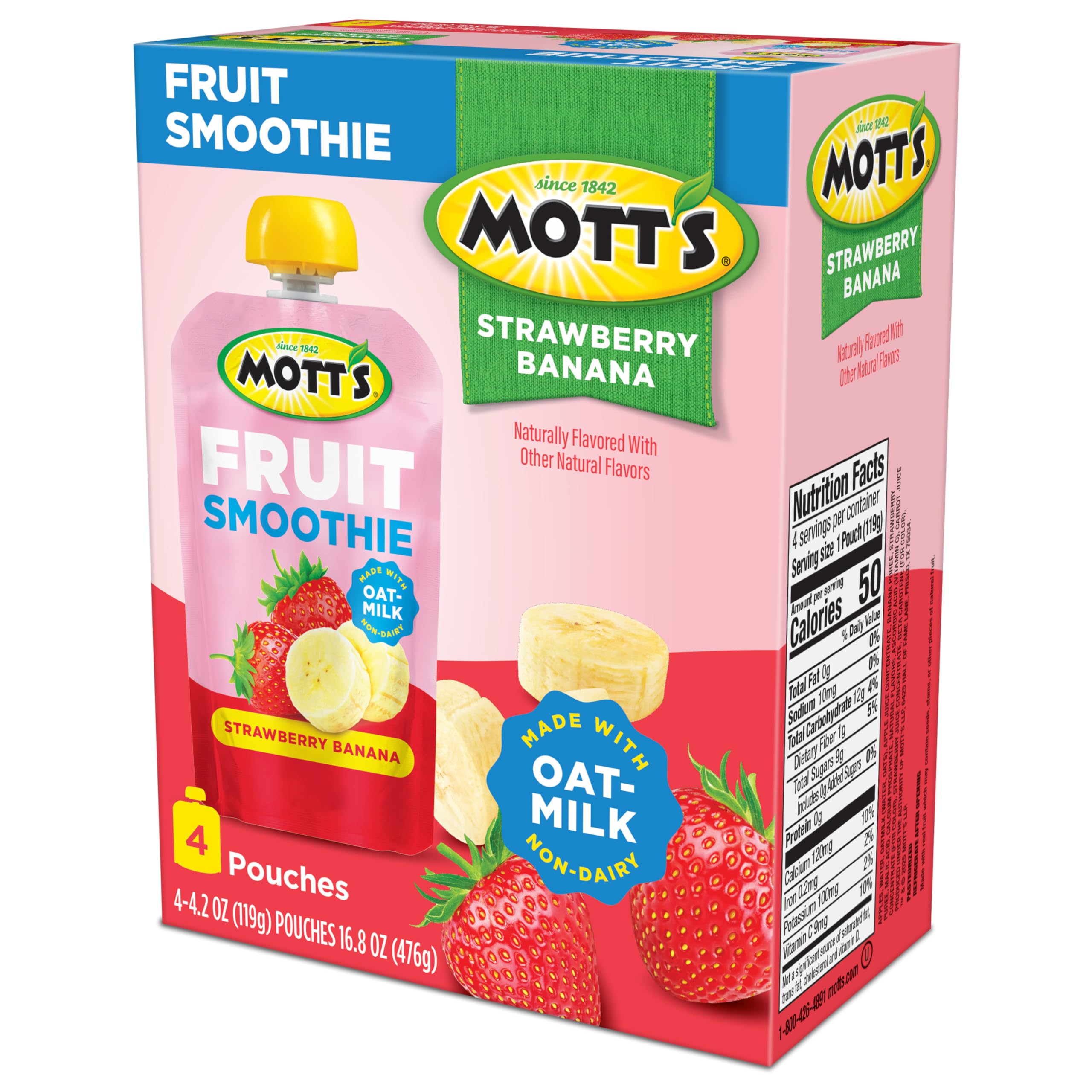 Mott’s Fruit Smoothies Strawberry Banana, 4.2 oz clear pouches, 4 Pack, Non-dairy, Made With Oatmilk, Made With Real Fruit, Good Source of Calcium, On-the-Go