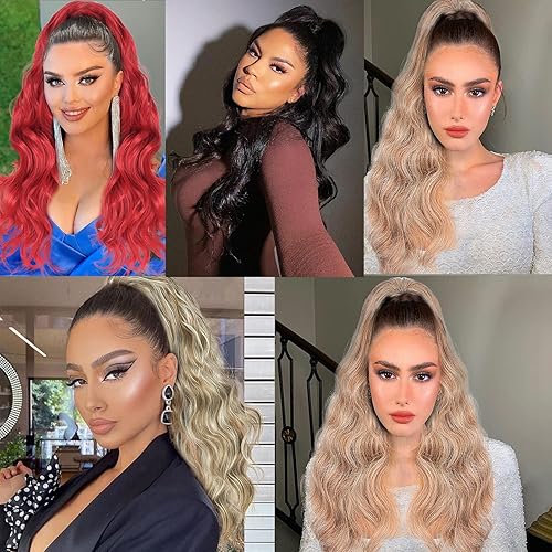 Miniatura 2 de CINHOO Extensión de cola de caballo de 24 pulgadas de largo con cordón ondulado, extensiones de cola de caballo sintética, rizada, ondulada, cola de