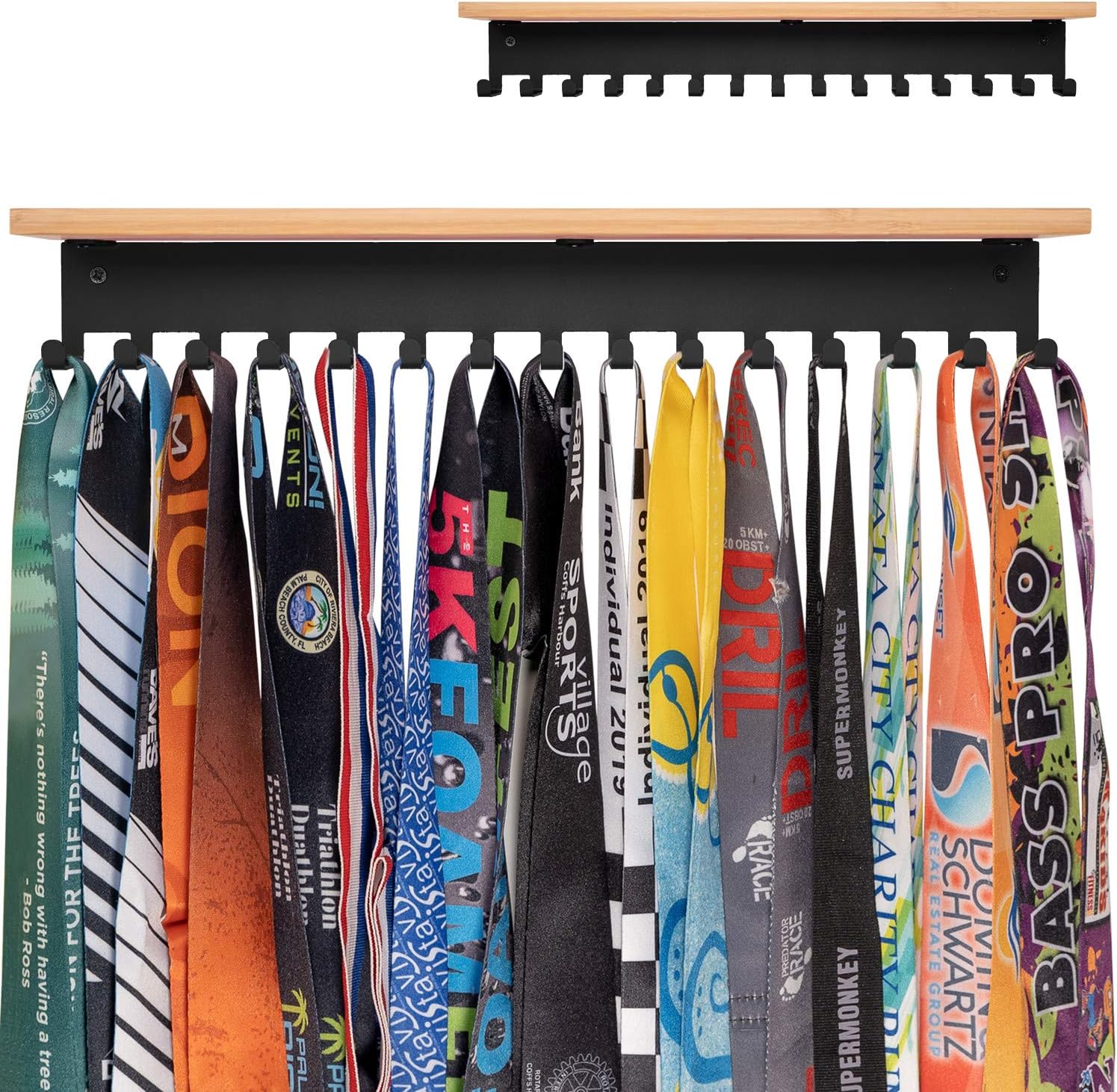 ibobbish Premium 16-Inch Metal Trophy Shelf with Hooks & Bamboo Medal Display Board - Sturdy Wall Mount for Sports Awards