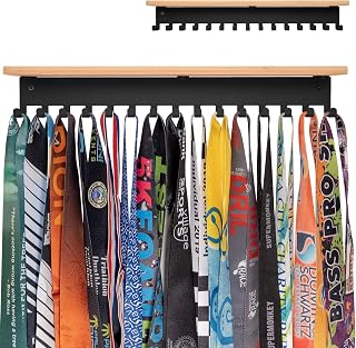 ibobbish Premium 16-Inch Metal Trophy Shelf with Hooks & Bamboo Medal Display Board - Sturdy Wall Mount for Sports Awards