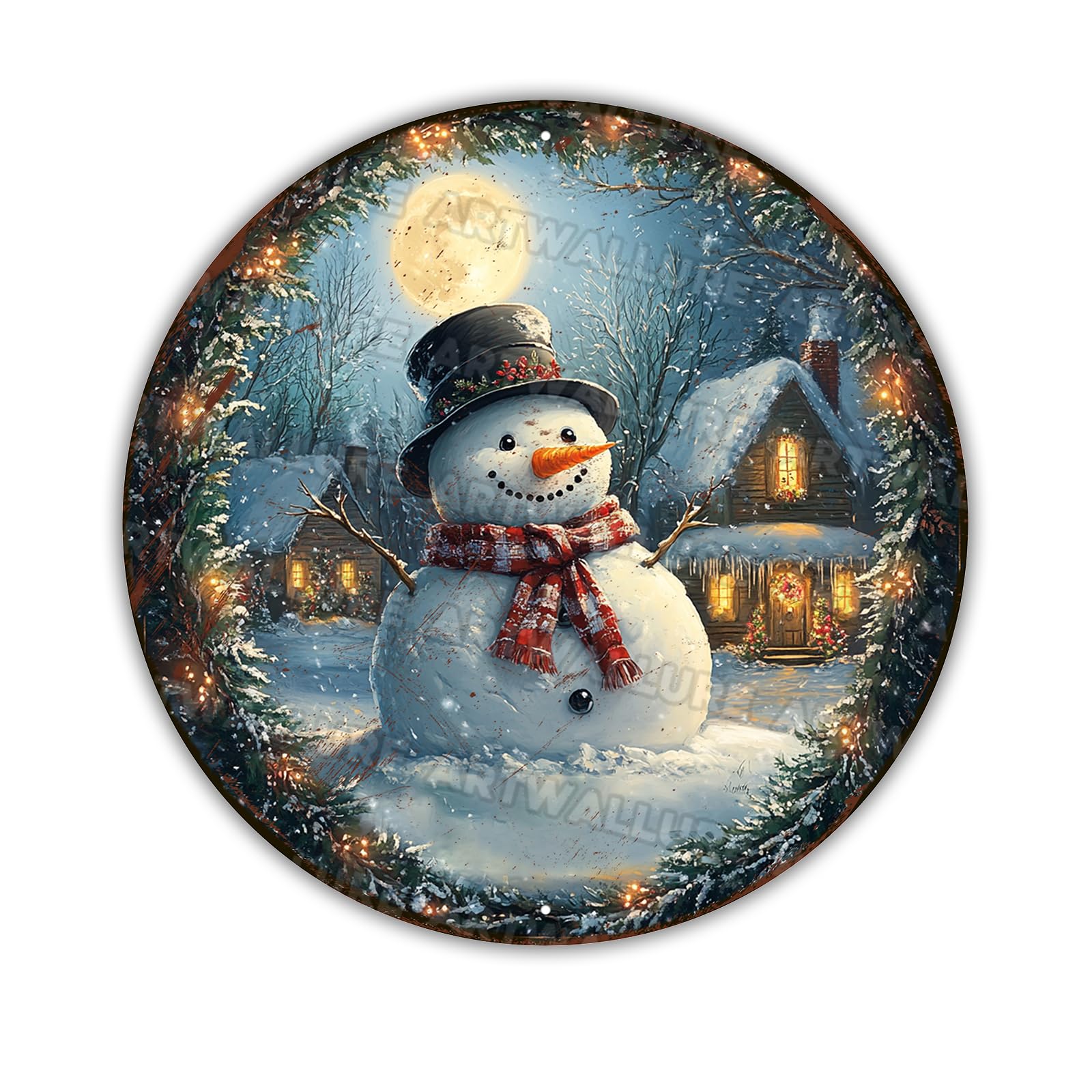 Christmas Snowman Wreath Sign Winter Round Door Decor for Home, Festive Circular Metal Art for Holiday Wall and Fireplace Mantle 8x8Inch