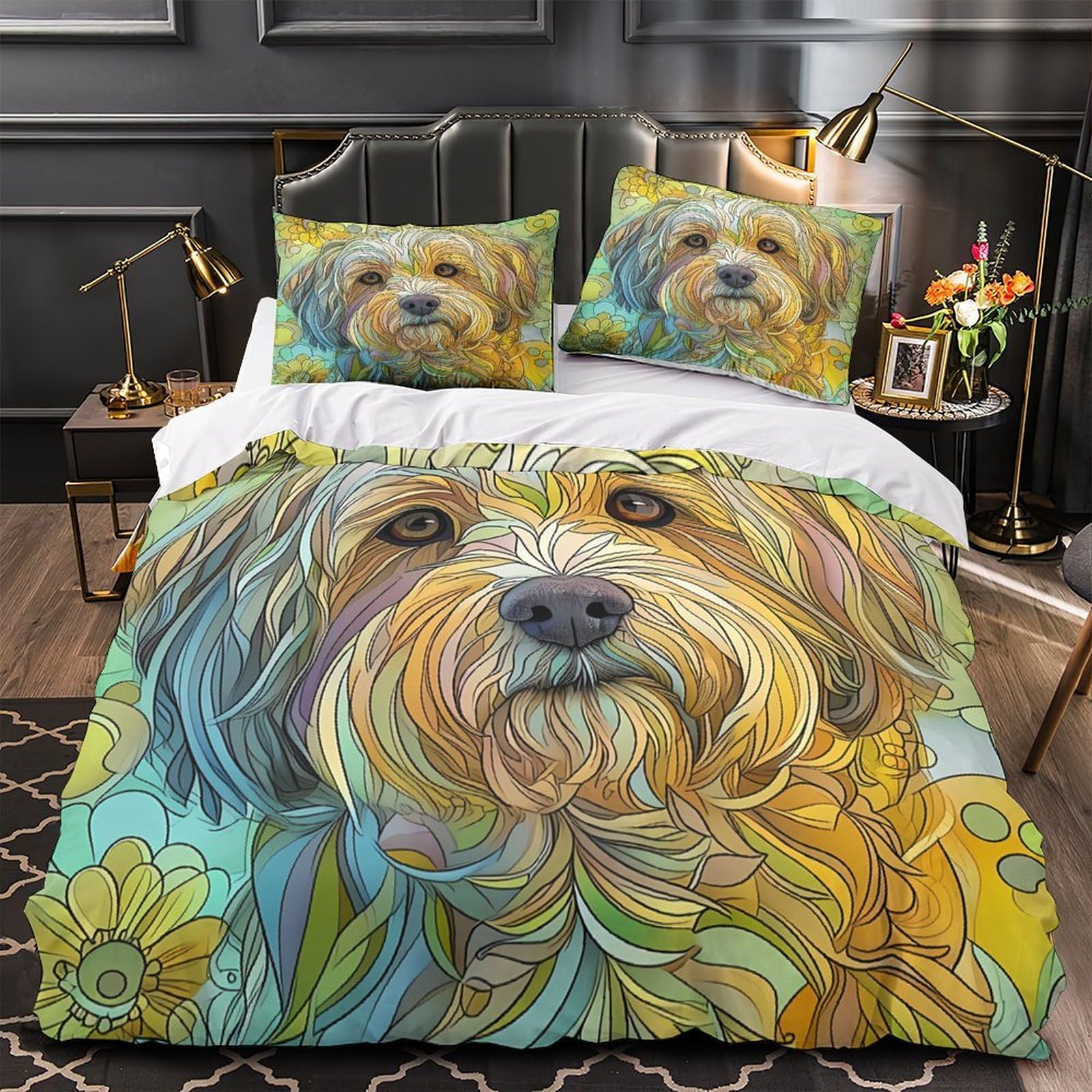 Parure de lit microfibre motif chien housse de couette 135x200 ultra douce