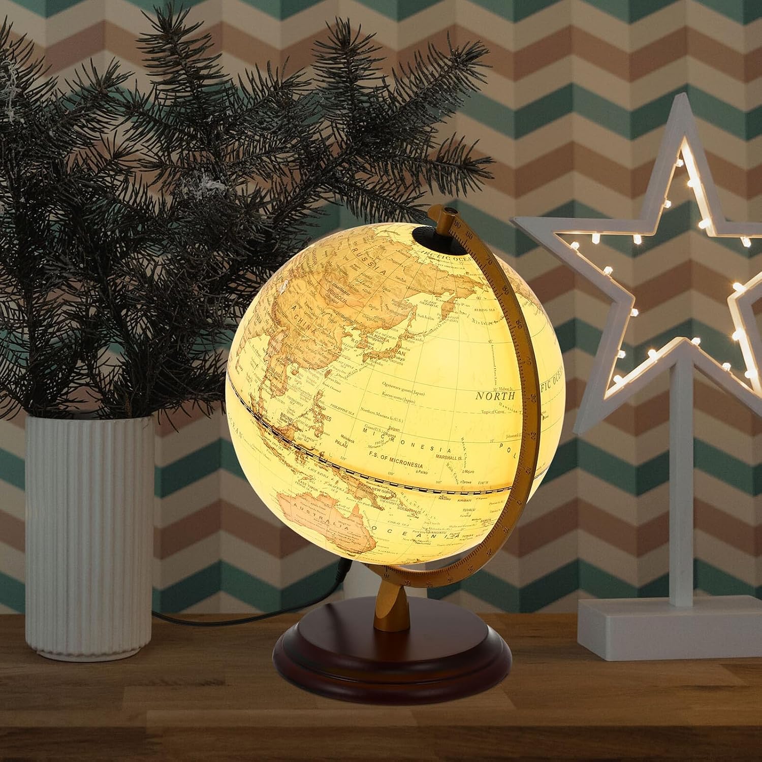 Antique Desktop Globe with LED Light USB Port Vintage Style Educational Globe Ornament for School Teaching Office Home Decor