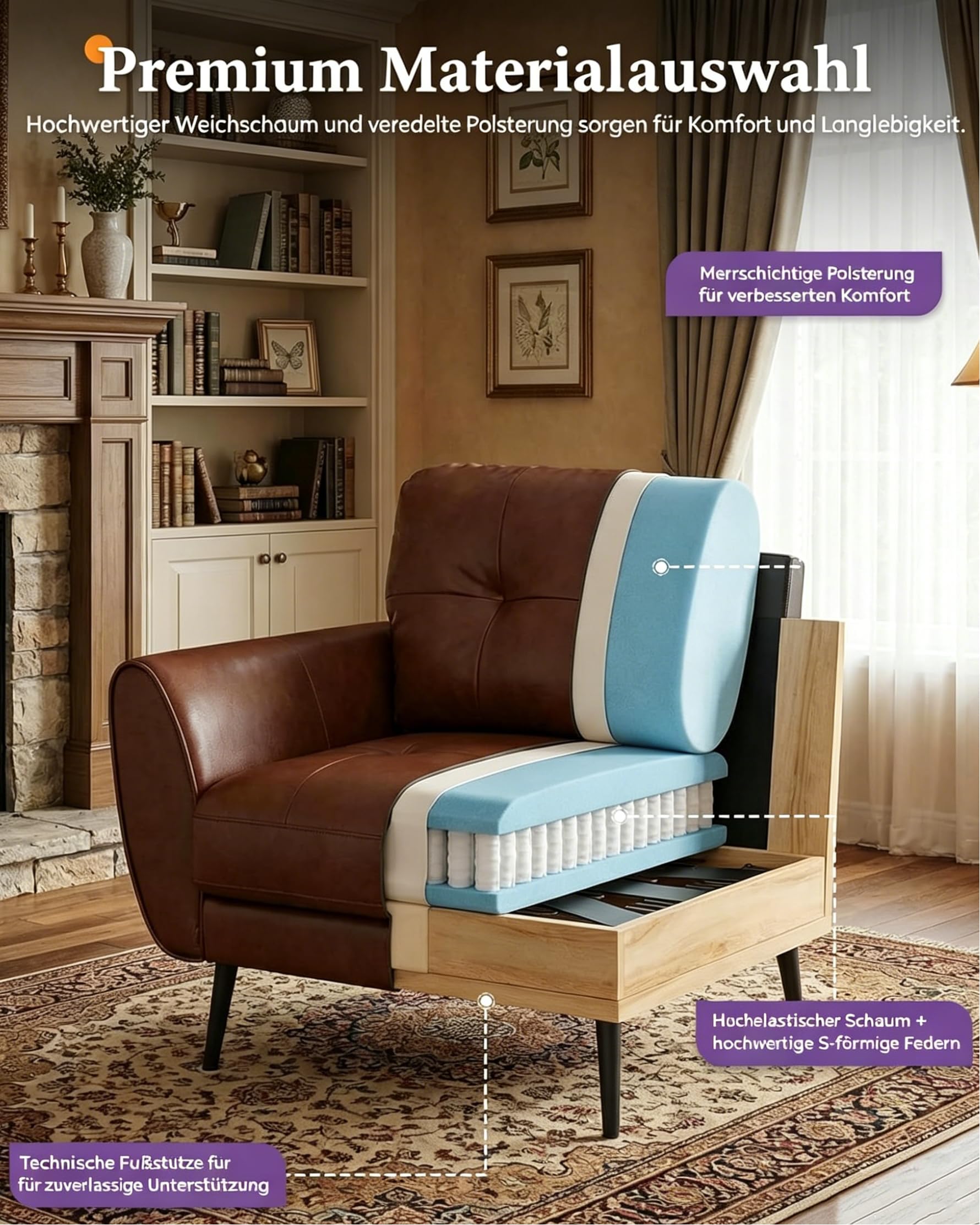 GRAVFORCE Sessel Wohnzimmer Ohrensessel Sessel mit Armlehnen Braun 2 | Prägunoserie Bequem und Modern Lesesessel Loungesessel Prägunoserie Einzelsofa Kunstleder
